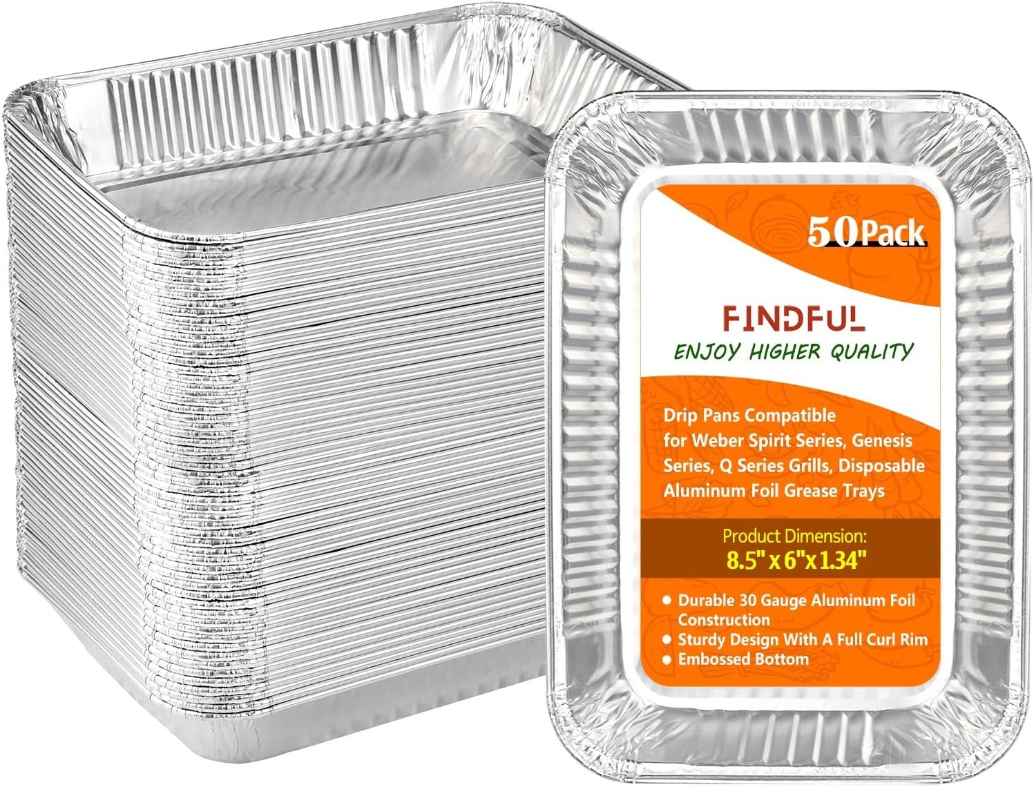 Findful (30-Pack) Drip Pans Compatible with Weber Spirit Series, Genesis Series, Q Series Grills, Disposable Aluminum Foil Grease Trays, 8.5" x 6" l BBQ, Roasting, Baking & Cooking : Patio, Lawn & Garden