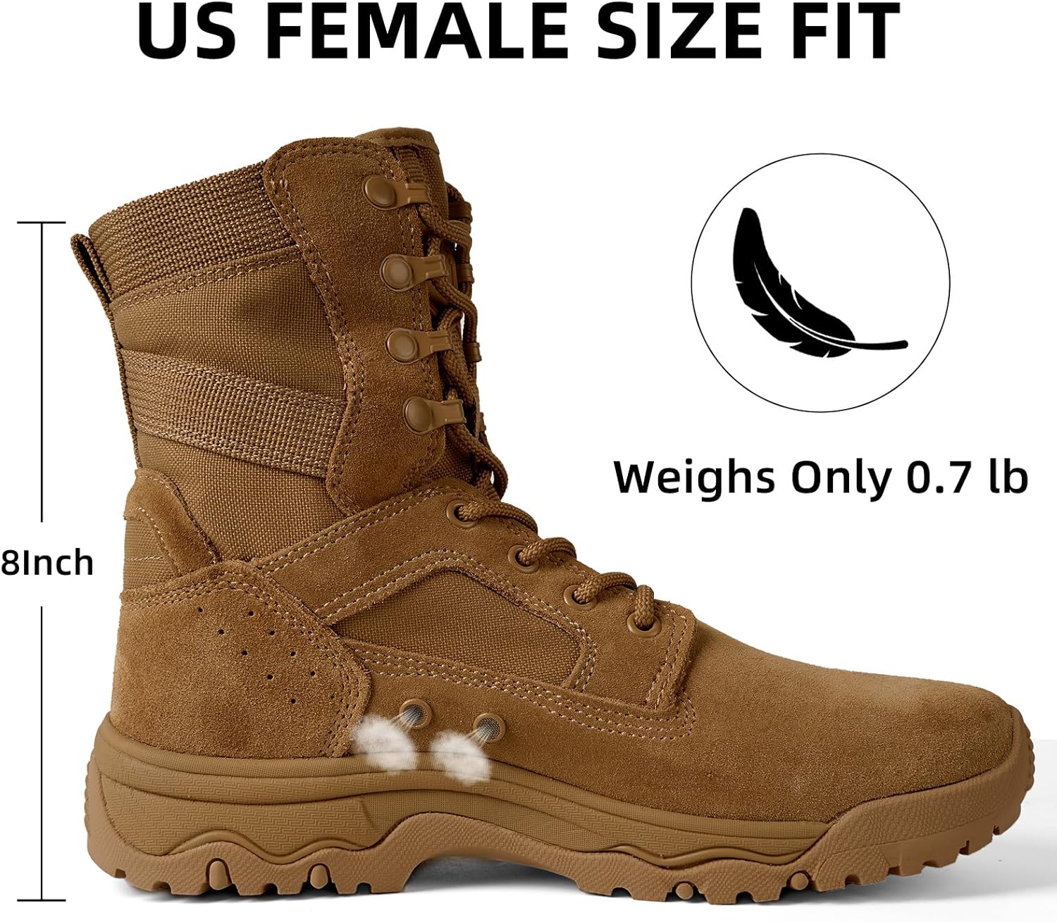 Women's Tactical Boots 8 Inch Side Zipper Lightweight Military Combat Boots - Breathable Work Shoes with Side Vents for Police, Security, Hiking & Motorcycle