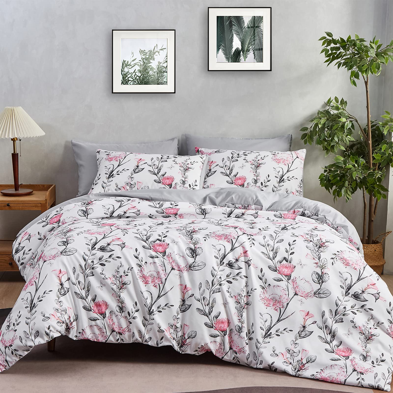 OENTYO Grey Duvet Cover Queen Size Set,3 Pcs Grey White Flower Branch
