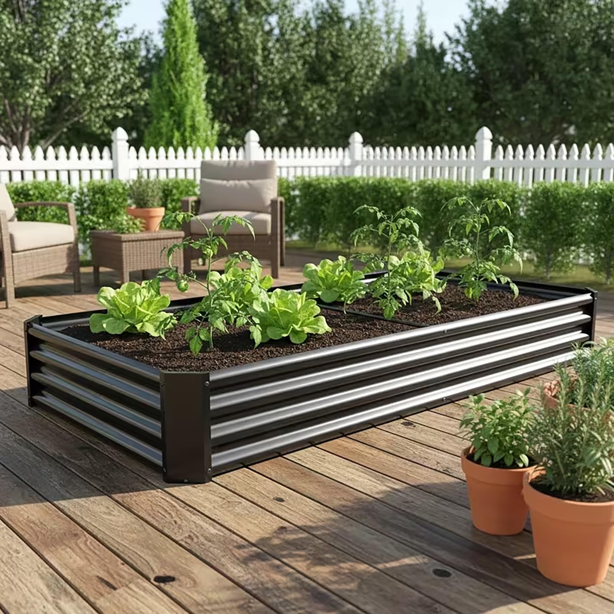 Set di aiuole rialzate in metallo zincato, per giardino, 232 x 113 x 30 cm, set di aiuole rialzate per verdure, fiori grassi, erbe aromatiche, aiuole e vaschetta per piante, rettangolare, nero
