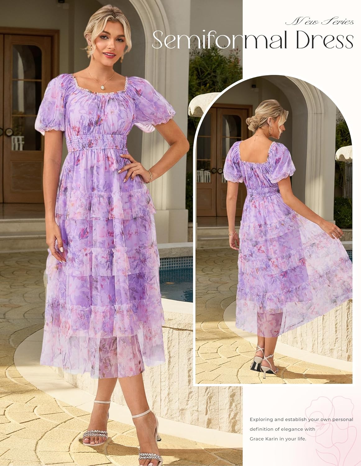 GRACE KARIN Women's 2026 Summer Wedding Guest Dress Short Sleeve Square Neck Boho Maxi Dresses Tulle Clothes Floral Dresses