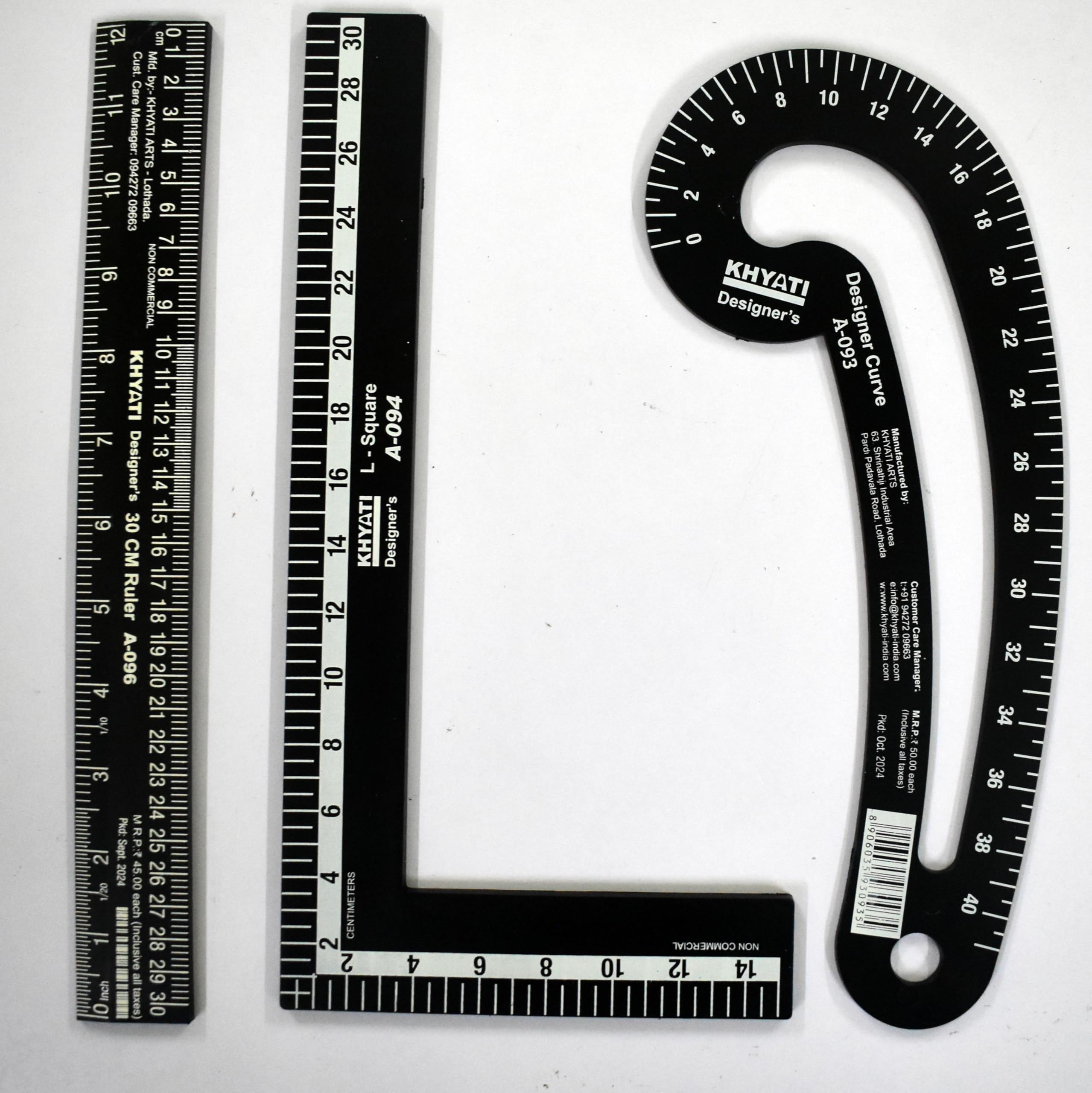 Prabhas Designs Arm Hole Curve, L Square ruler, Black Designer Curve, and Straight ruler 30 cm Combo (4pcs). Used in fashion design, tailoring, and sewing for creating patterns, measuring fabric 1