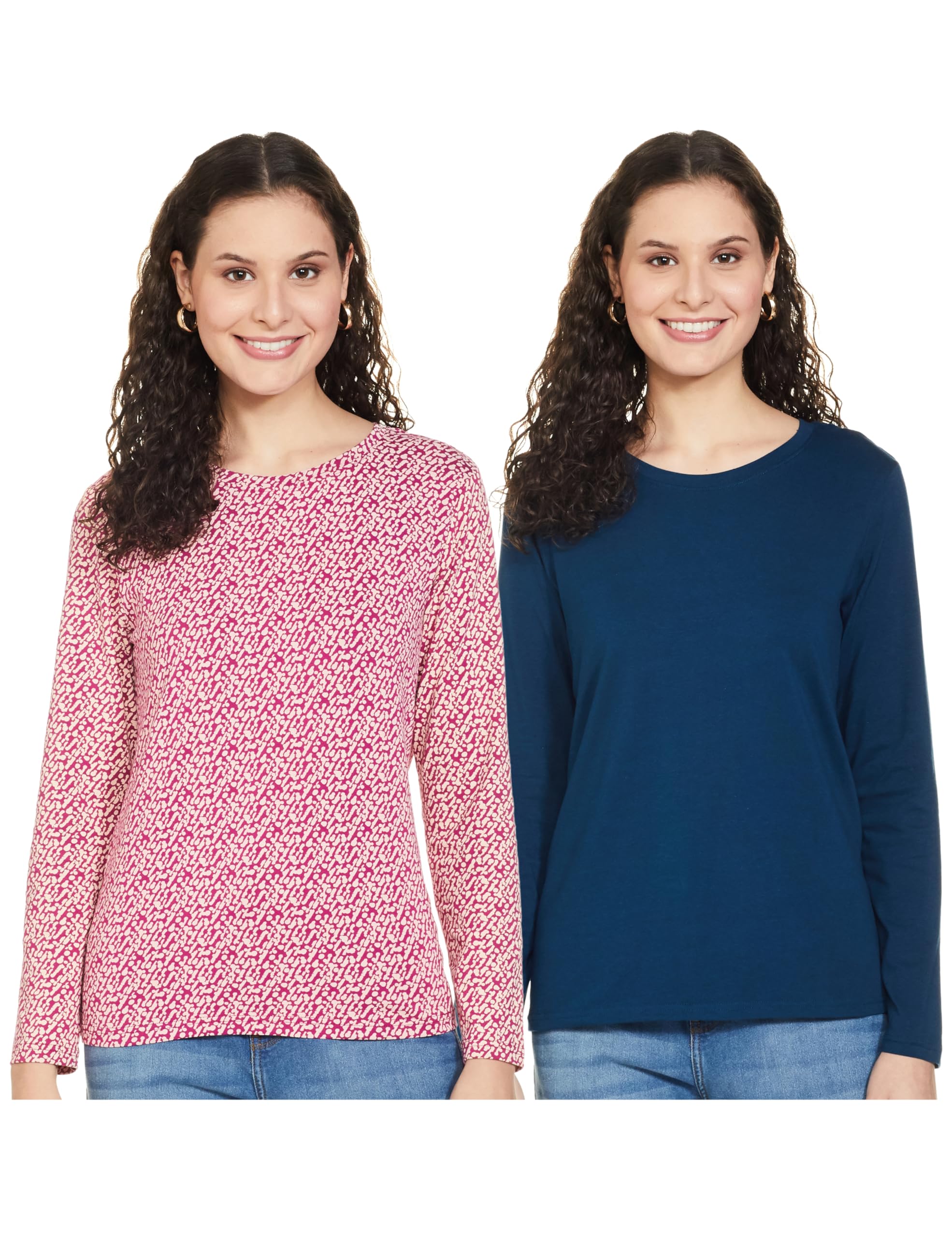 Amazon Brand - Symbol Women's Solid Cotton Stretch Full Sleeve Round Neck Regular Fit T-Shirt (Pack of 2)