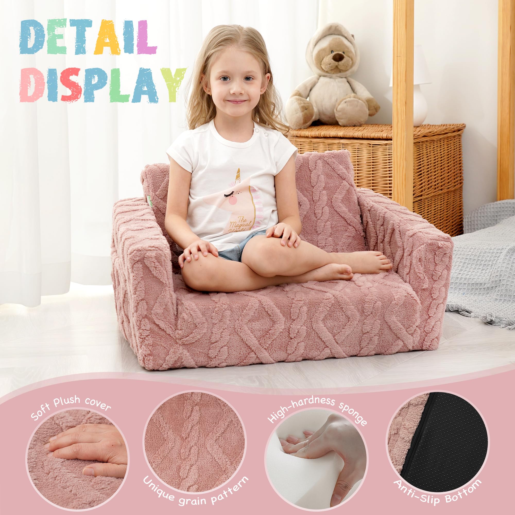 Sofá y tumbona plegable 2 en 1 para niños, silla convertible de franela suave, sofá abierto para niños (rosa) 6