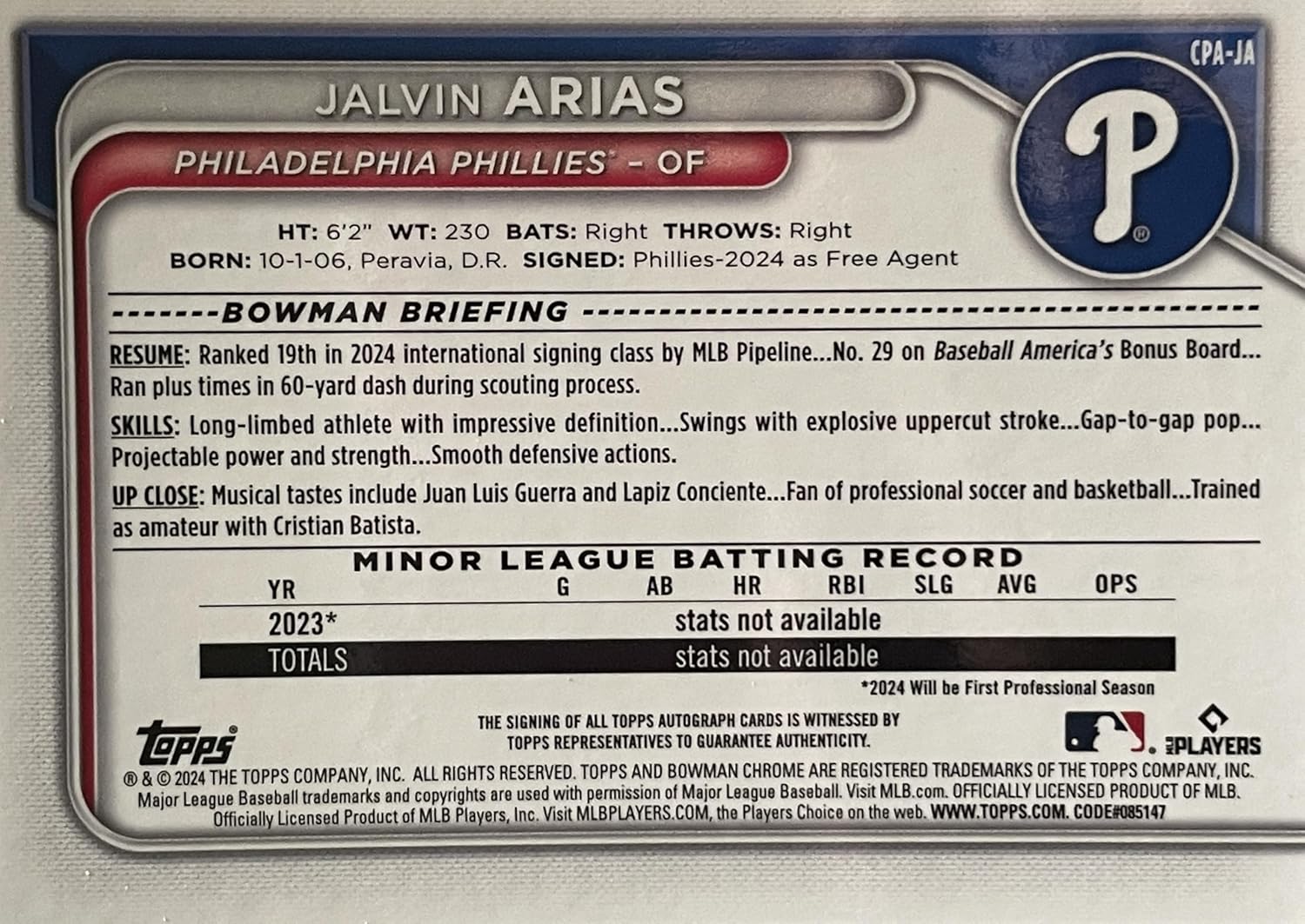 NEW 2024 Bowman Chrome JALVIN ARIAS Authentic AUTOGRAPH 1st Bowman Baseball Rookie Card - Philadelphia Phillies