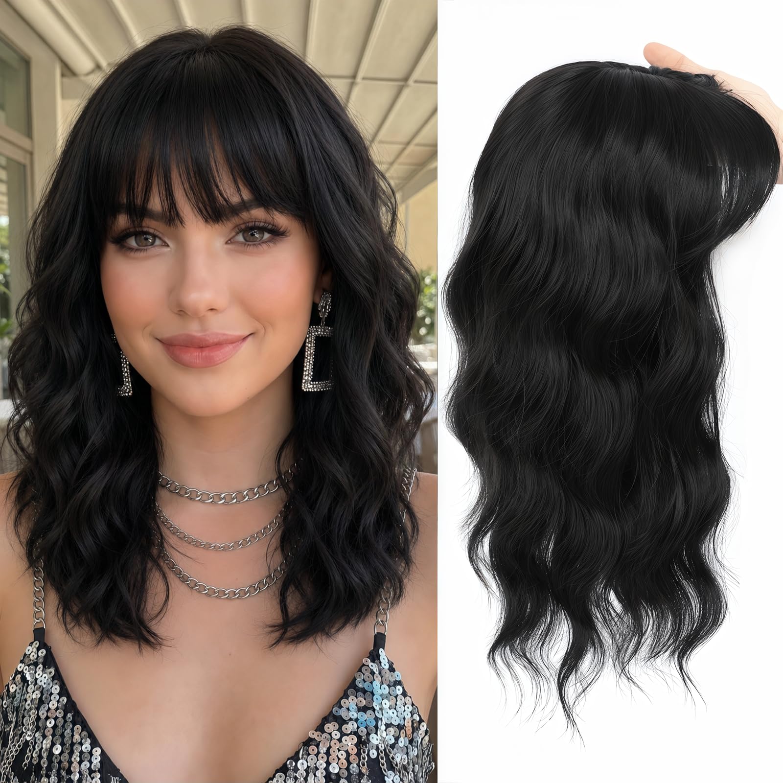 Photo 1 of 16 Inch Hair Topper for Women with Thinning Hair, Synthetic Curly Wavy Clip-In Topper with Wispy Bangs Natural Looking Crown Coverage Lightweight Hair Piece for Volume(Blonde with Dark Root)
