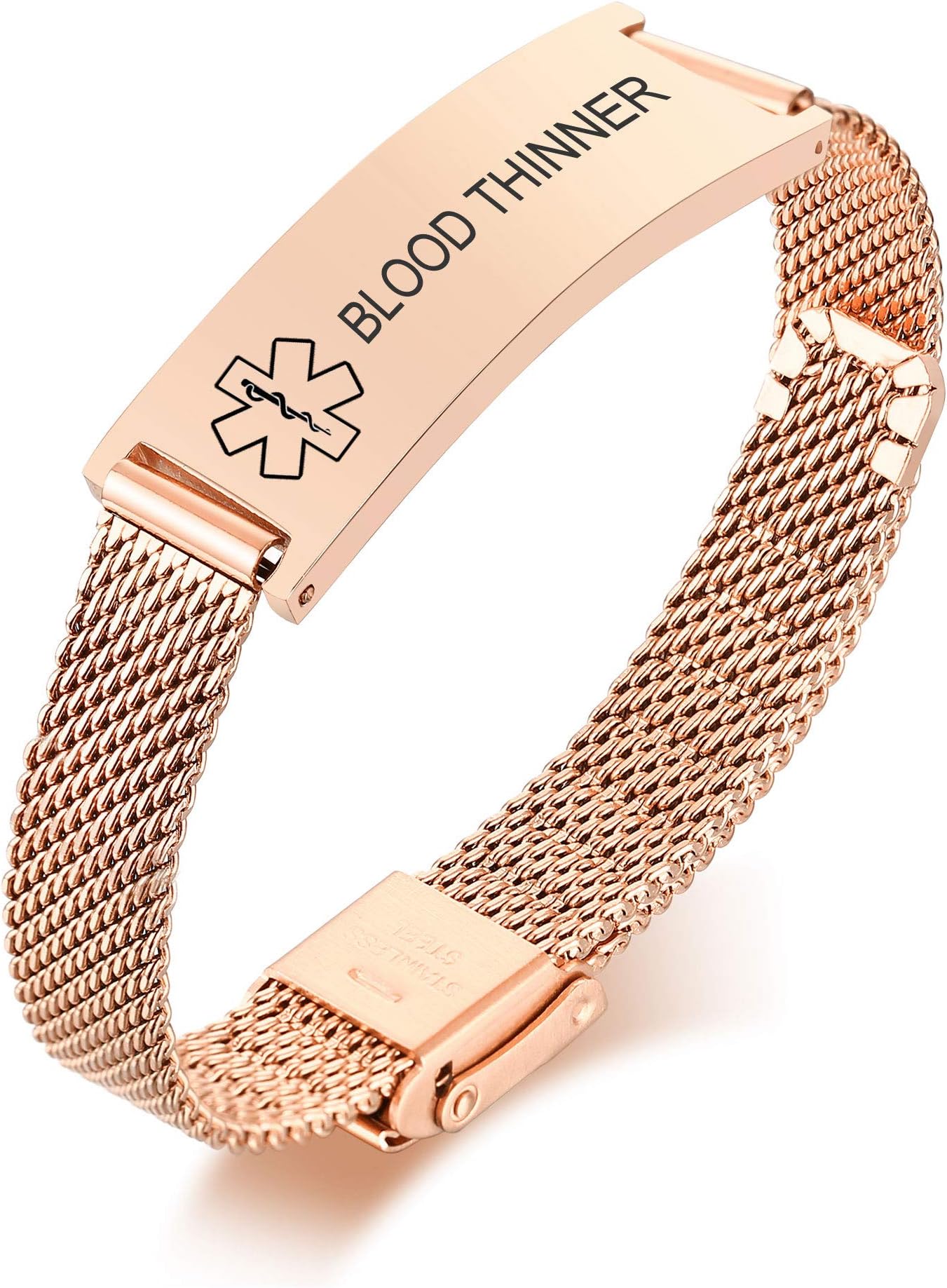 VNOXMedical Alert Bracelets for Men & Women Kids with Free Engraving Adjustable Stainless Steel Mesh Emergency Medical ID Bracelets Wristband, 8.2 inches, blood thinner, Lava Stone