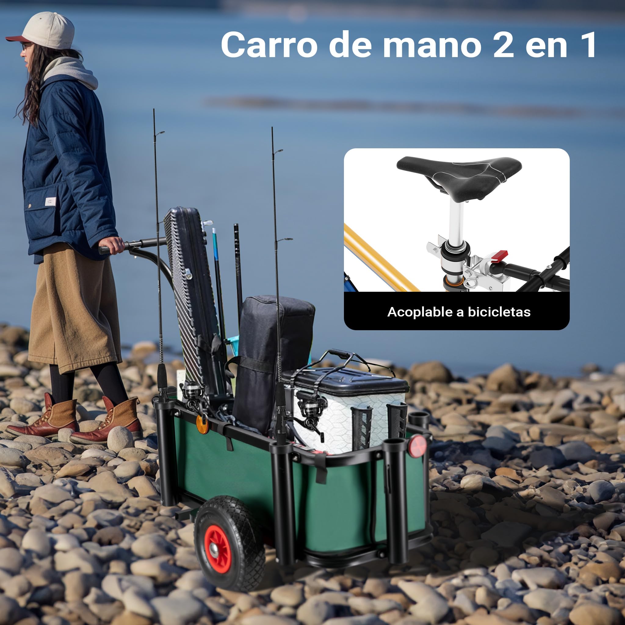 Wiltec Carro de Pesca hasta 50 kg Carretilla de Transporte para Pesca y excursiones Carrito con Bolsa Ruedas neumáticas Desmontables Transporte Camping