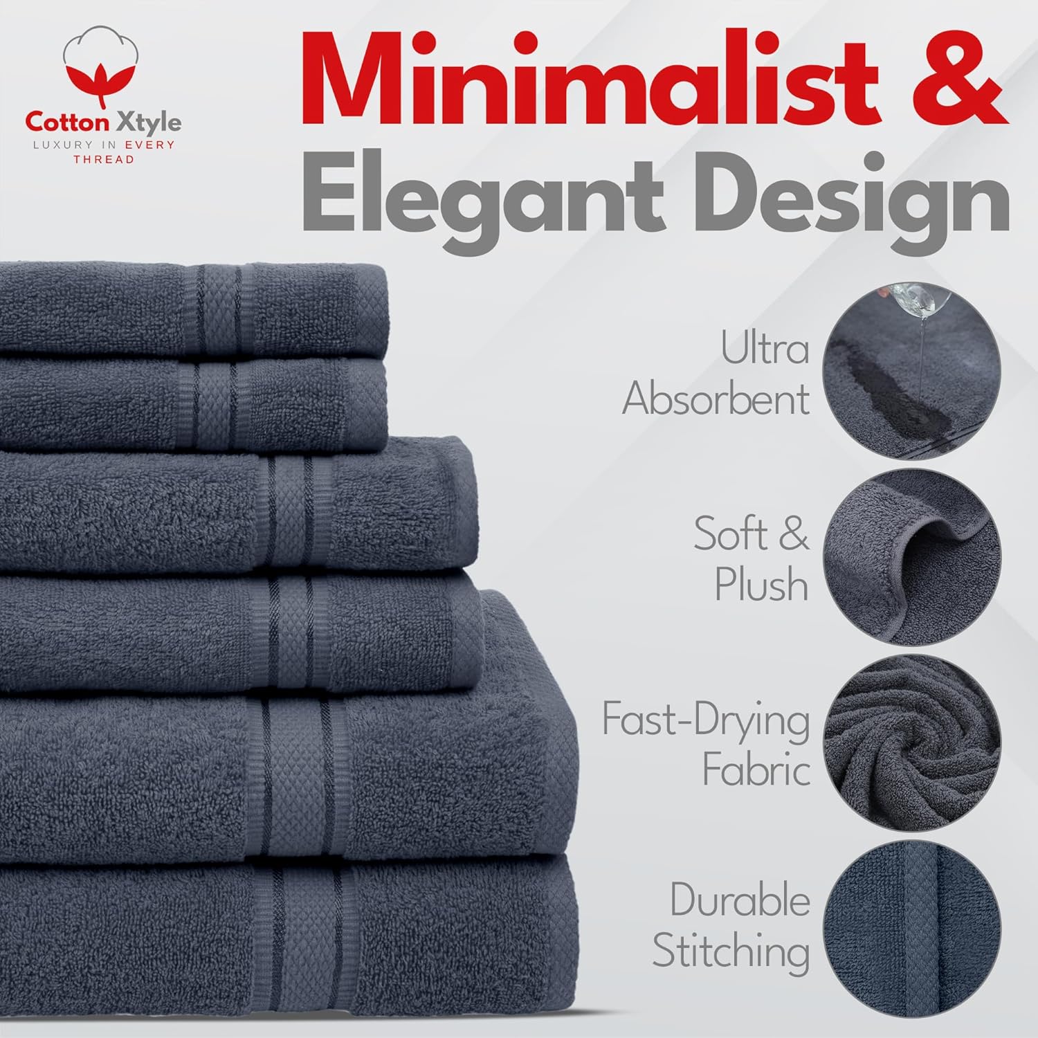 Luxury 100% Cotton Towel Set (Gray, Pack of 6)