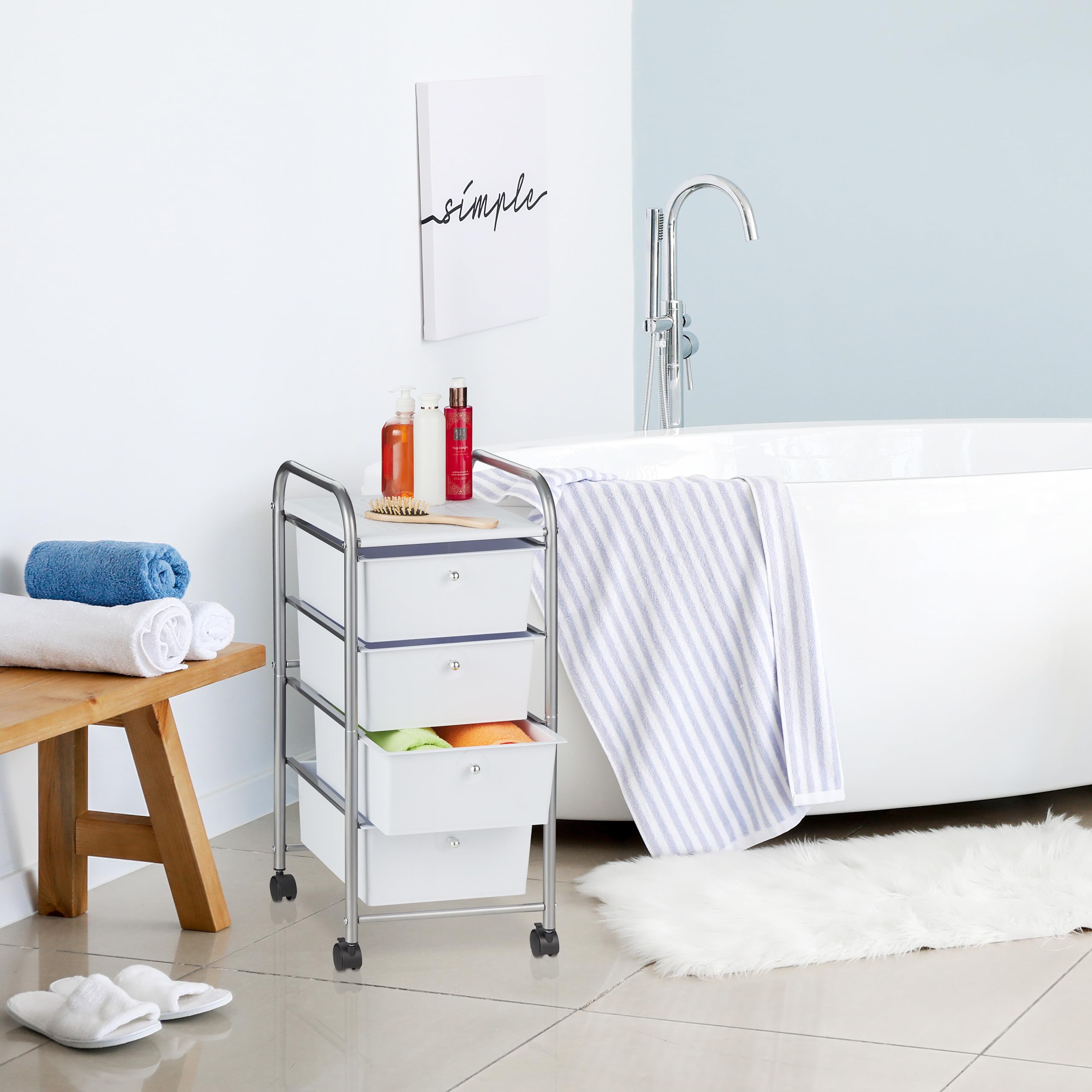 Relaxdays Carrito Auxiliar, 4 Cajones, Metal y Plástico, Carro con Ruedas para Baño, Cosméticos, 74 x 33 x 39 cm, Blanco