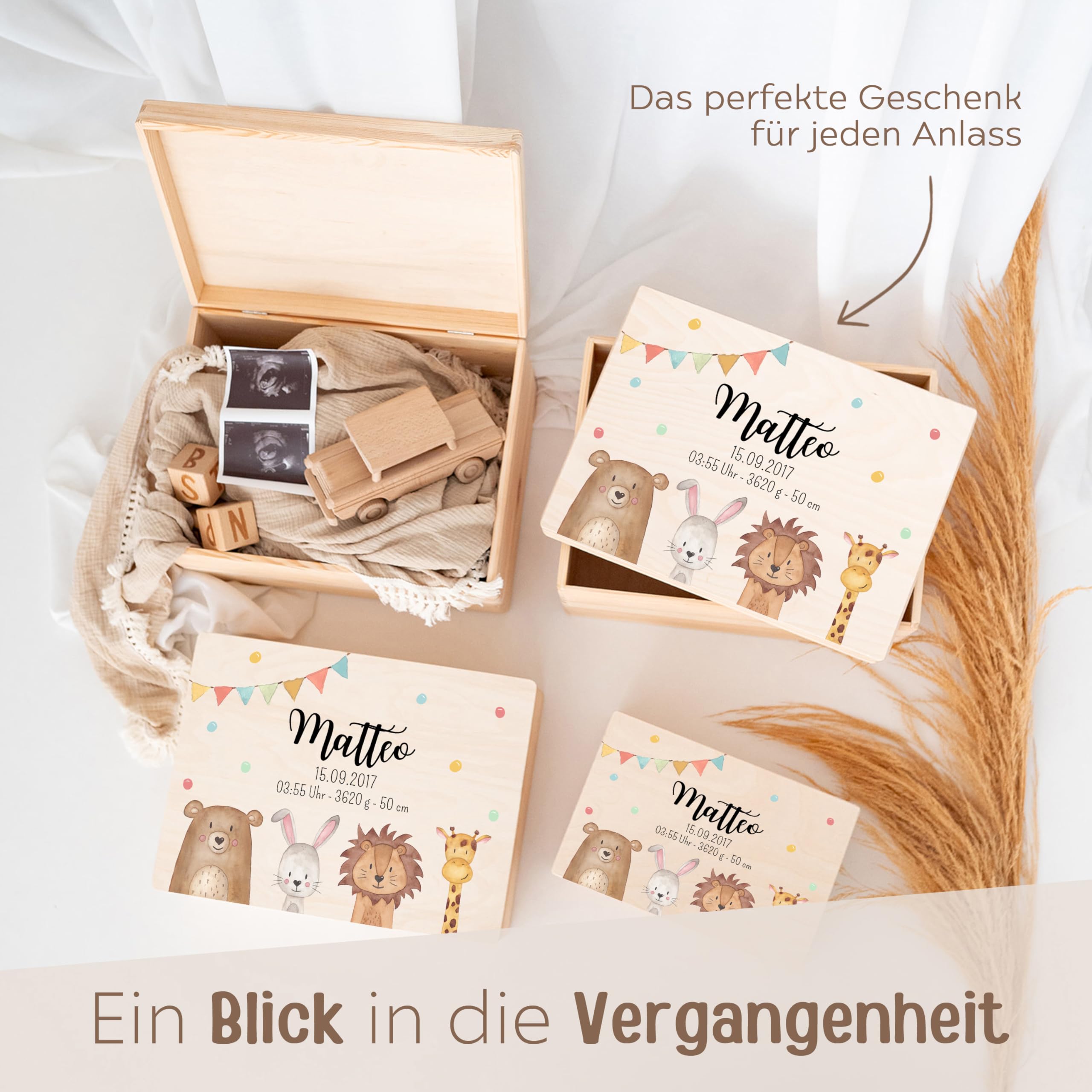 wunderwunsch - Personalisierte Erinnerungsbox Taufe mit Hochwertigem UV-Farbdruck - Geschenke Baby - Niedliche Erinnerungskiste aus Holz - Geschenk Taufe (Tiere unten Girlande, M flach-Klappdeckel)