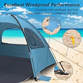 WhiteFang Beach Tent Anti-UV Portable Sun Shade Shelter for 3 Person, Extendable Floor with 3 Ventilating Mesh Windows Plus Carrying Bag, Stakes and Guy Lines (Blue)