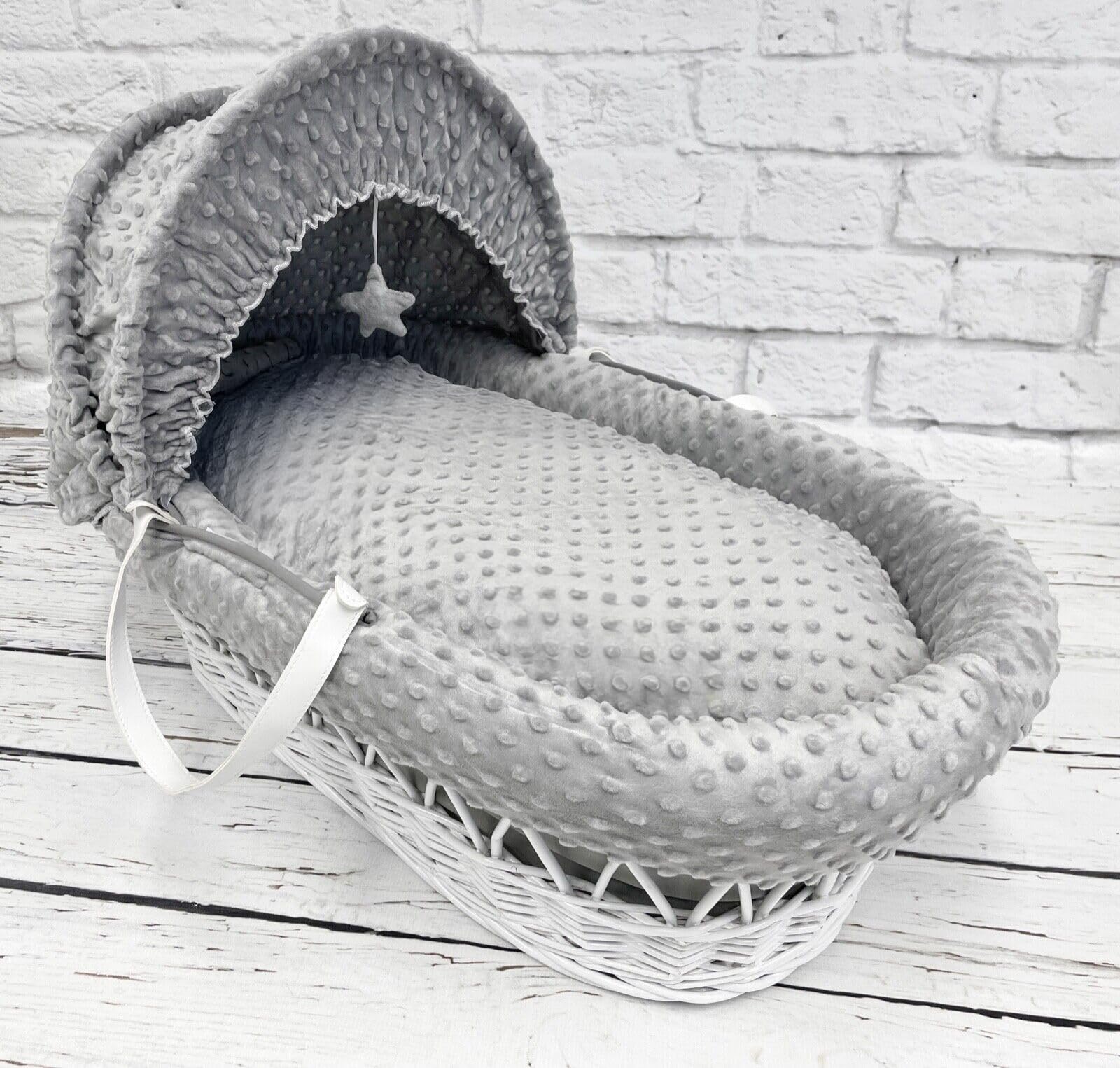 Luxury Moses Basket Padded White Wicker with handles Baby Full Set Grey Dimple
