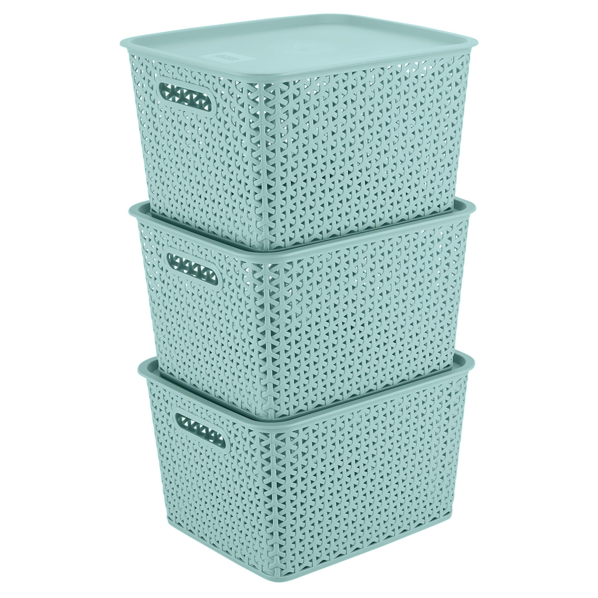 KOLORR Premium Elite Large Size Plastic Multipurpose Storage Baskets with Lids Pack of 3, Organiser Basket for Home Kitchen Wardrobe Toys Stationary - Mint Green