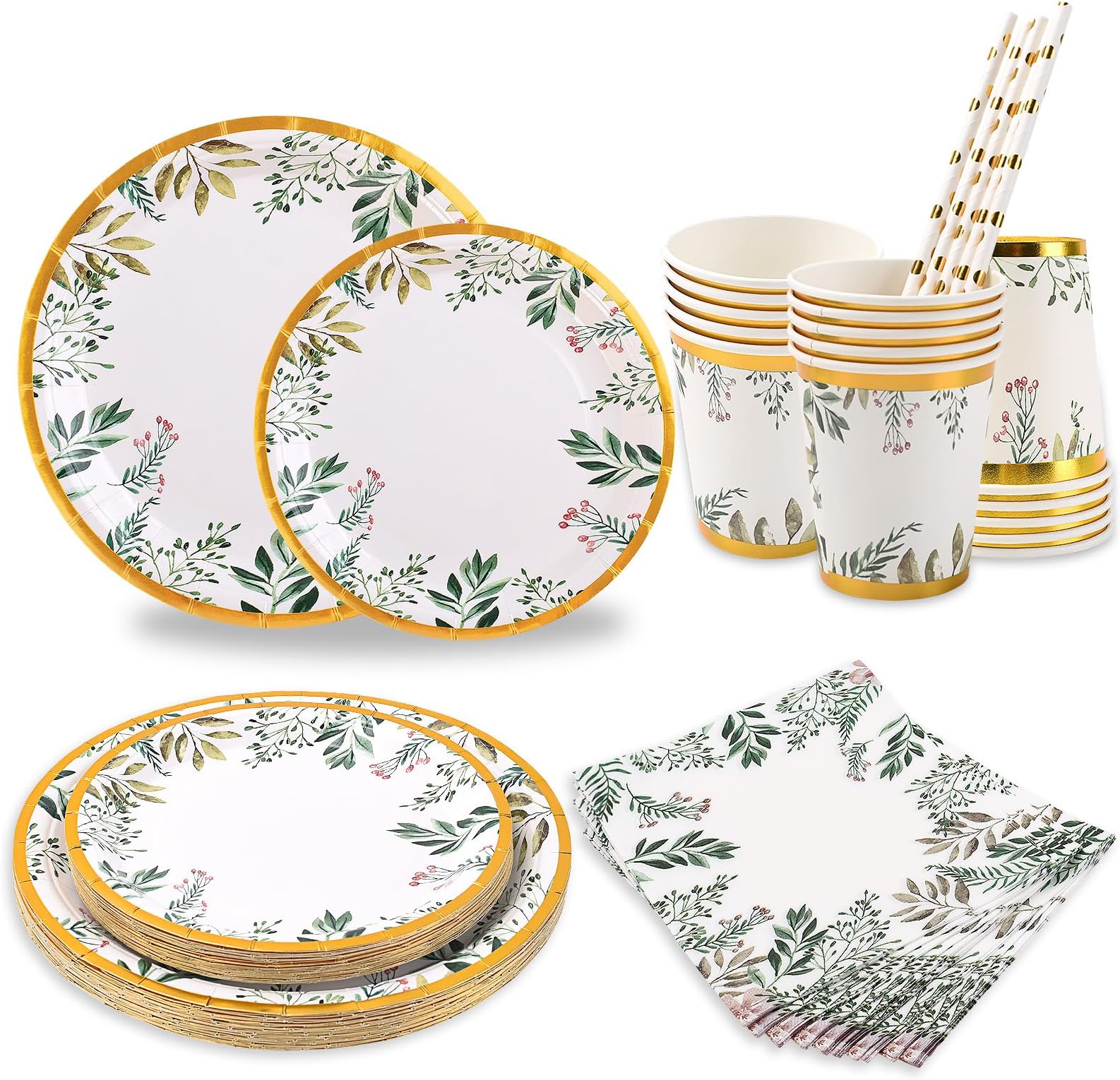 CEILIWEN Green Paper Plate Set for 25 Guests, 125PCS Sage Green Gold Party Tableware - 9'' Dinner Plates, 7'' Side Plates, Disposable Cups, Straws, Napkins