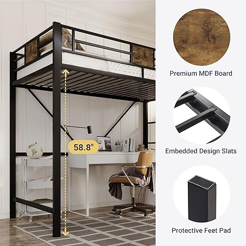 Miniatura 5 de Allewie Marco de cama de metal tamaño individual con escaleras y barandilla, muebles pequeños que ahorran espacio para dormitorio, habitación de