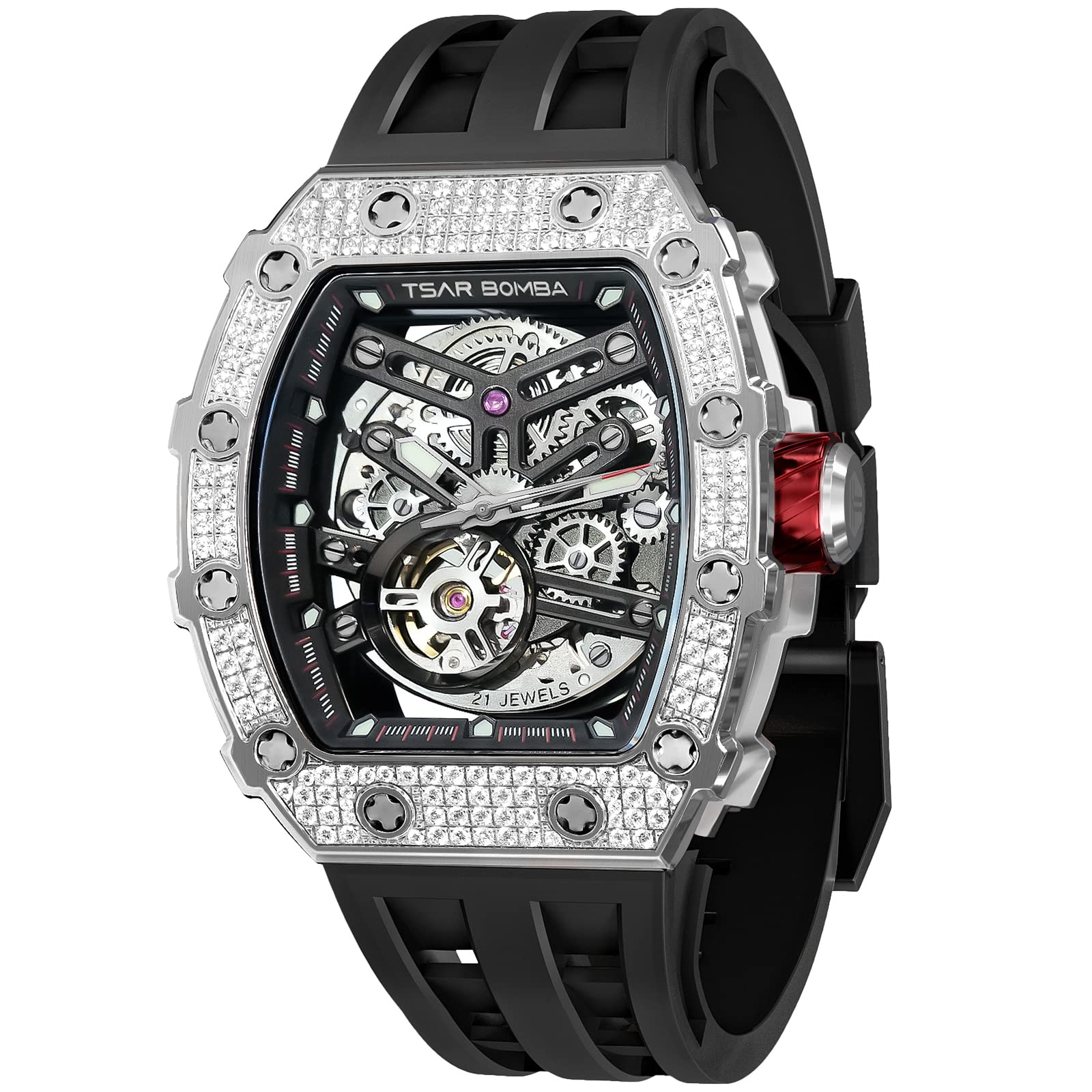 TSAR BOMBA Luxury Automatic Mechanical Watches For Men - Japanese Movement Sapphire Glass - 50M Waterproof Men's Watch - Square Wrist Watches Silicone Band Luminous Elegant Gifts for Men Diamond Design-Black Strap