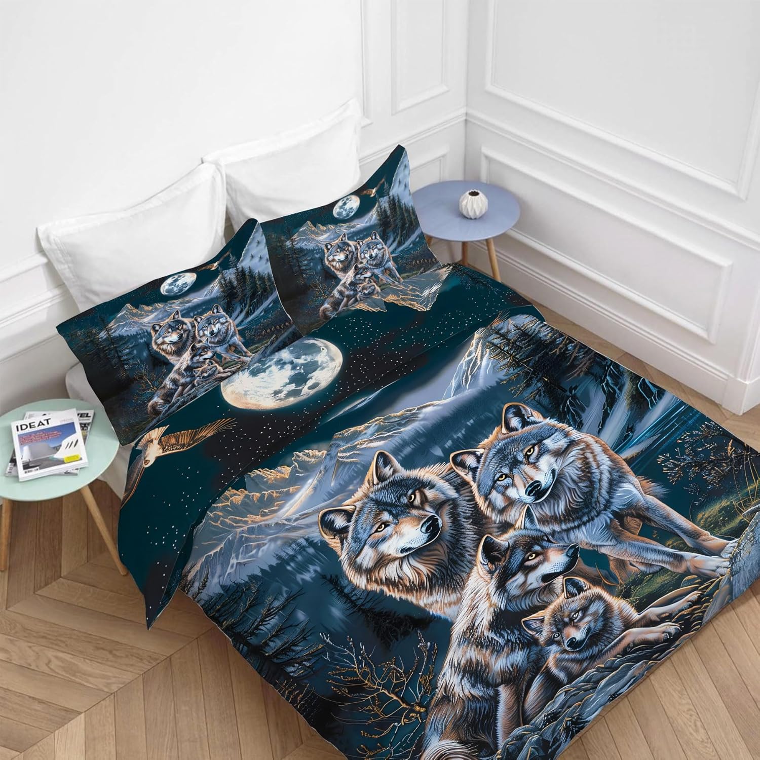 Wolf Bedding Set Forest Wolf Family Decor Duvet Cover Animal Comforter Set Soft Breathable Quilt Set for Girls Boys Kids Teenagers Adults Men Women with 2 Pillowcases for All Season Twin Size