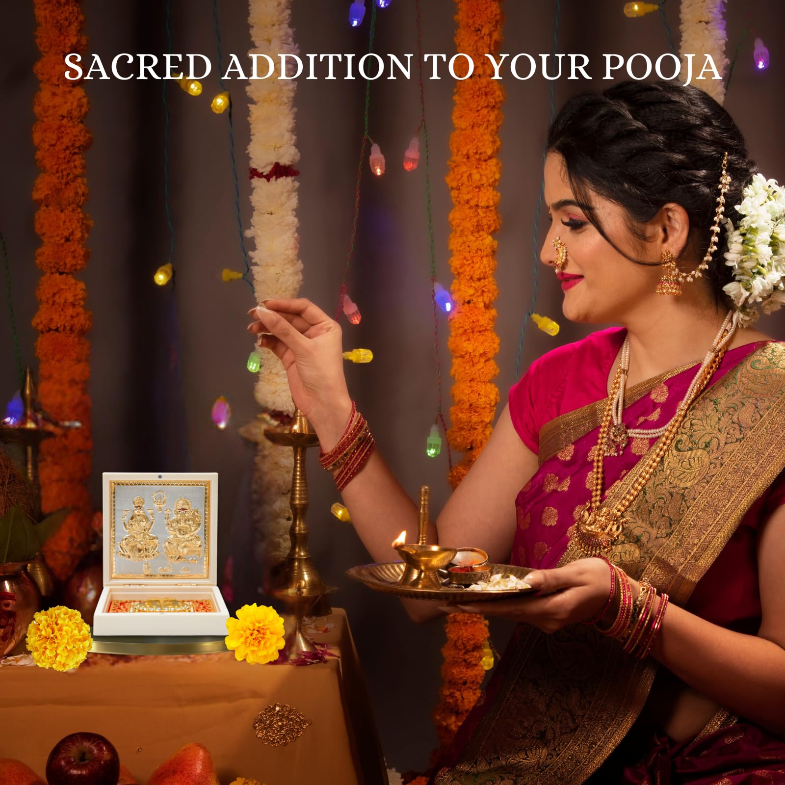 House Of Wemy Gold Plated Laxmi Ganesh Pocket Temple Box for Pooja Room | Lakshmi-Ganesha Divine Pooja Boxes With Photo Frame & Charan Paduka | Diwali Gift & Home Decor - White - 4.5 Inches -Pack of 1 - Image 5 thumbnail