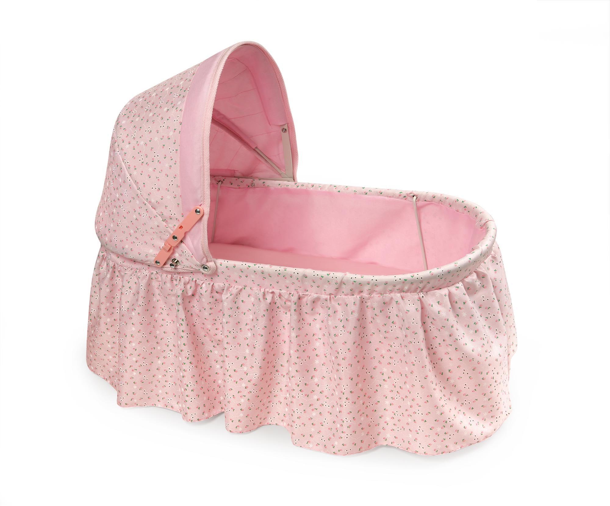 Badger Basket Folding Doll Cradle with Hood fits Dolls 18 to 22-Inches - Pink/Rosebud Design with Bedding for Imaginative Play