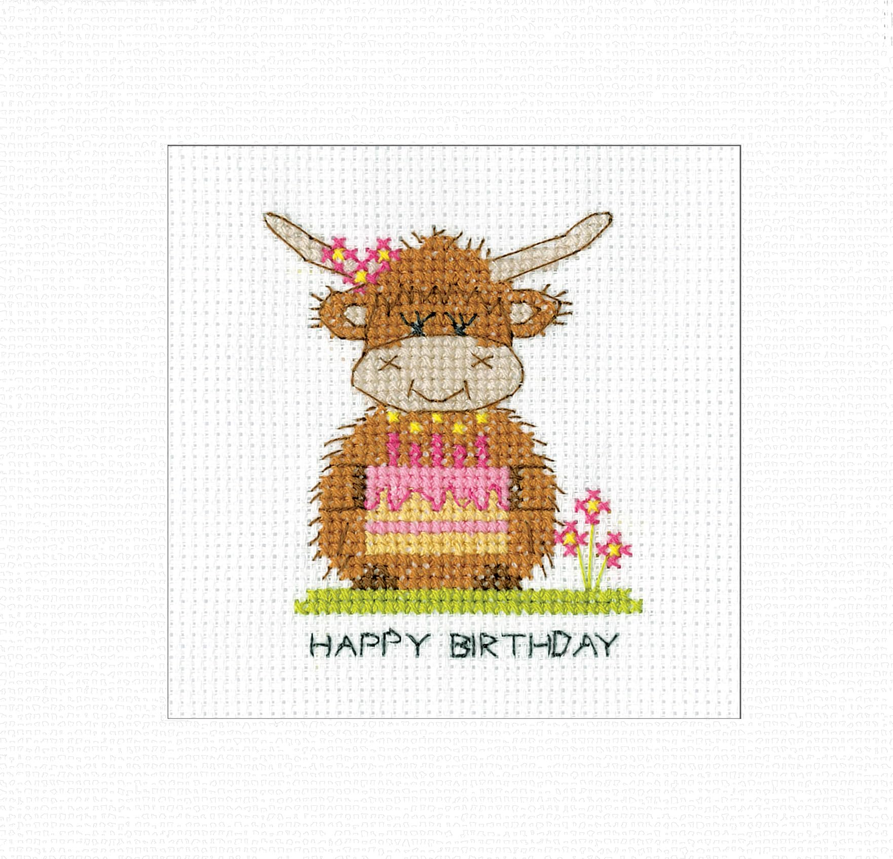 Heritage Crafts Highland Birthday Cake - Highland Cow Cross Stitch Birthday Card Kirsten Roche Designs
