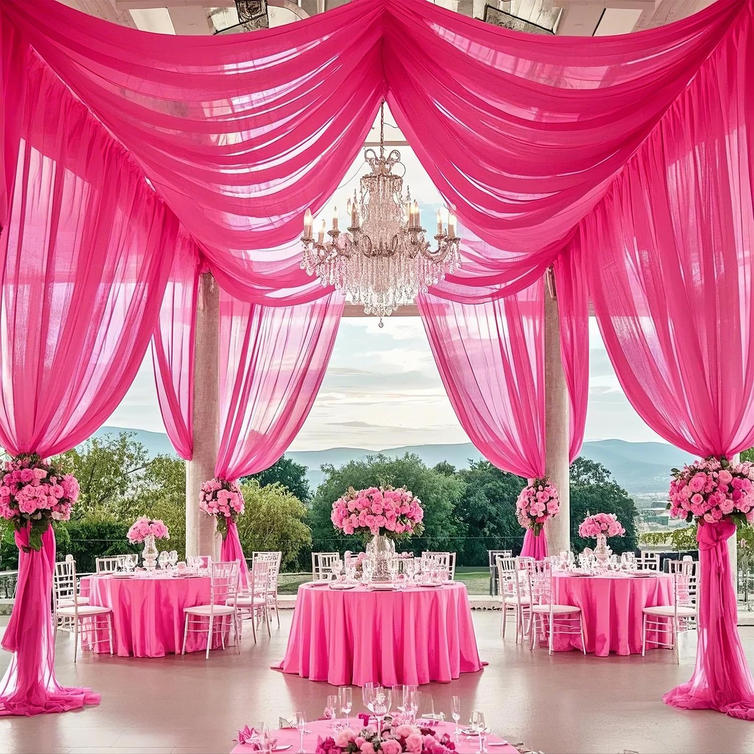 FOTSHARER 6 Paneele Deckenvorhänge für Hochzeiten, Chiffon, Hochzeitsvorhänge, 152 x 300 cm, Tüll, Fuchsia, Drapierstoff, Zelt, Decke, Vorhang für Party, Abschlussball, Brautparty, Hintergrund