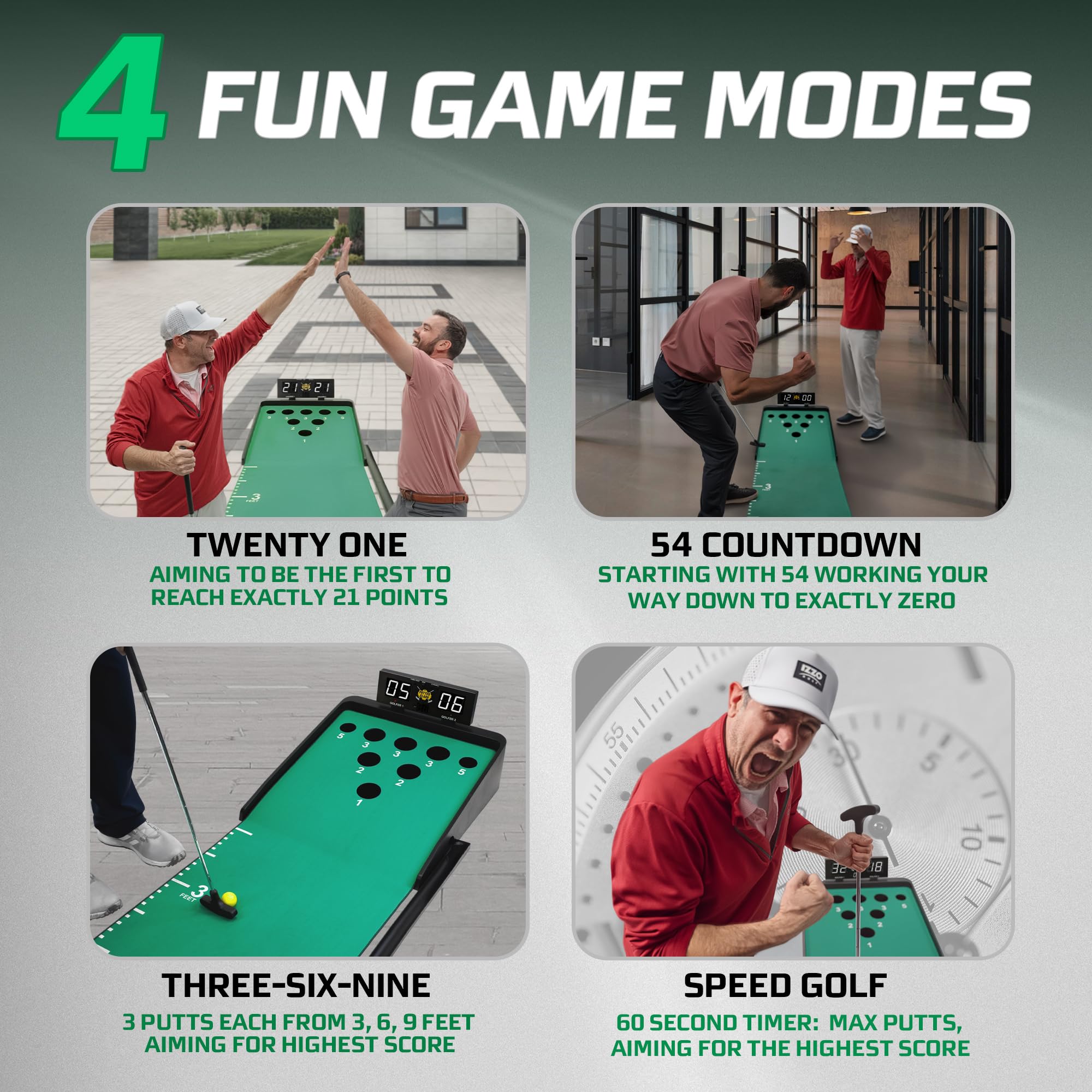 Izzo Golf Putter Clash Electronic Putting Game - Tablero Digital y 4 Modos de Juego, Juego de Golf para Interior para Adultos, 3,4 m Putting Green Mat, Regalos de Golf para Hombres, Putter