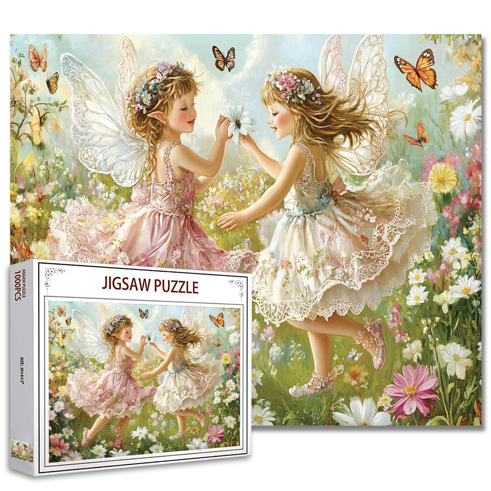 Two Cute Little Fairies Jigsaw Puzzle，Fairy Girls with Butterflys Flowers 1000 Pieces Jigsaw Puzzles for Adults，27 x 20 Inches Puzzles ，HD Quality Fantasy Puzzle Gift，Family Activity for Game Night
