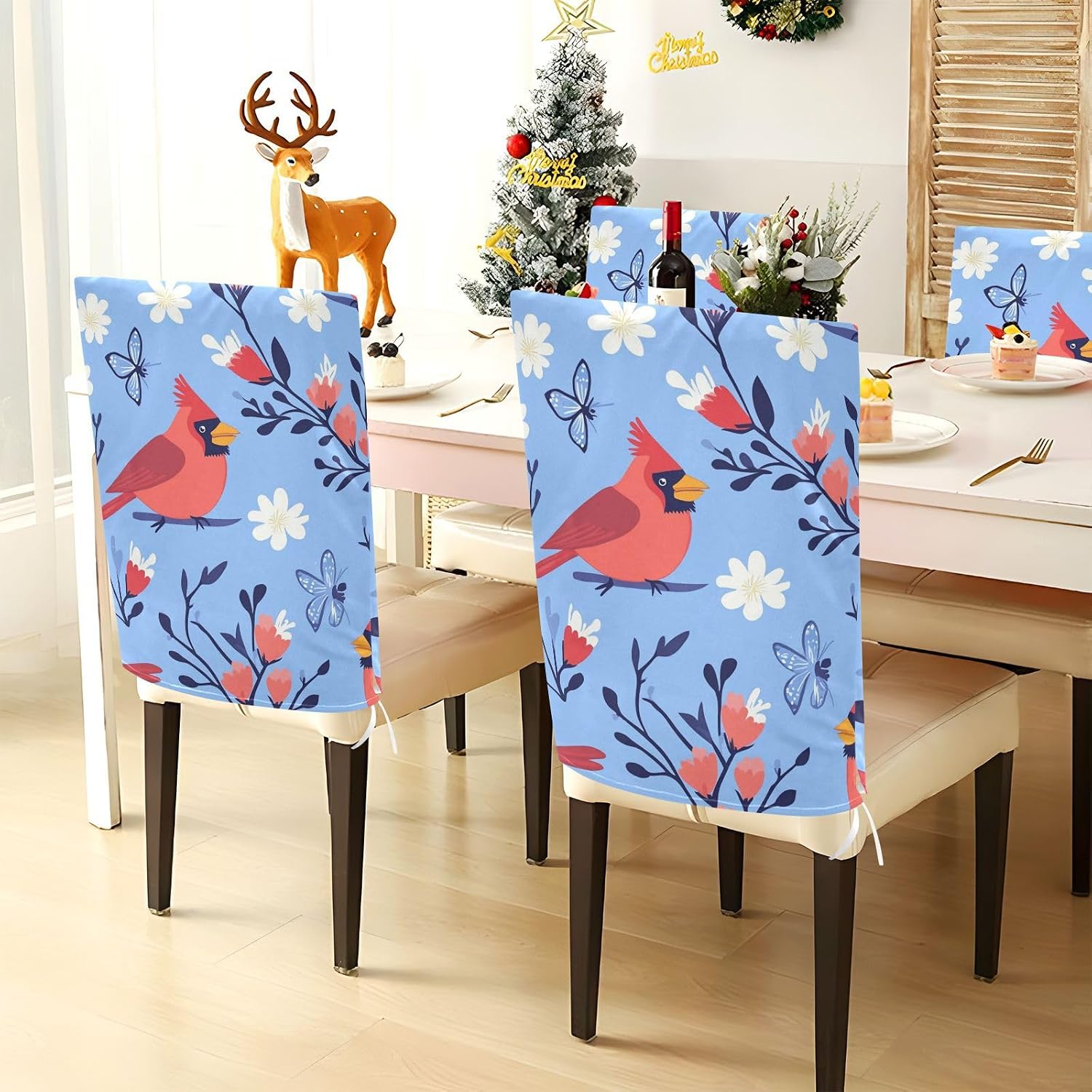 Chair Slipcover Set for Classroom Stools Chair Cover for Office Set of 6 Removable Stool Covers Cute Northern Birds Blue