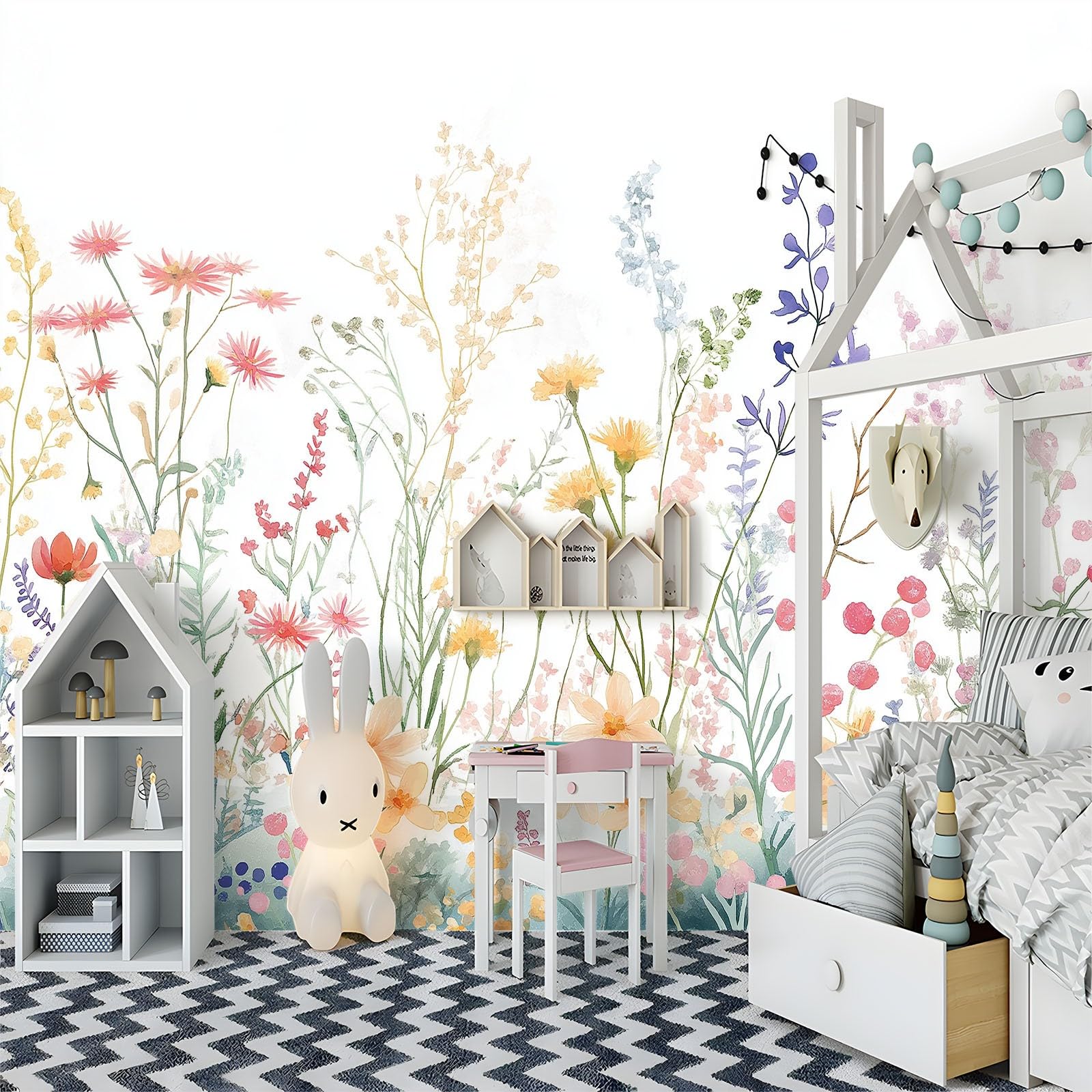 Vlies Fototapete 450 x 280 cm Aquarell Wildblumen Wiese Fototapete und Tapete, Vliestapeten Wandkunst und Wandbild, Weiß dekorative Tapete für Wohnzimmer, Schlafzimmer und Kinderzimmer