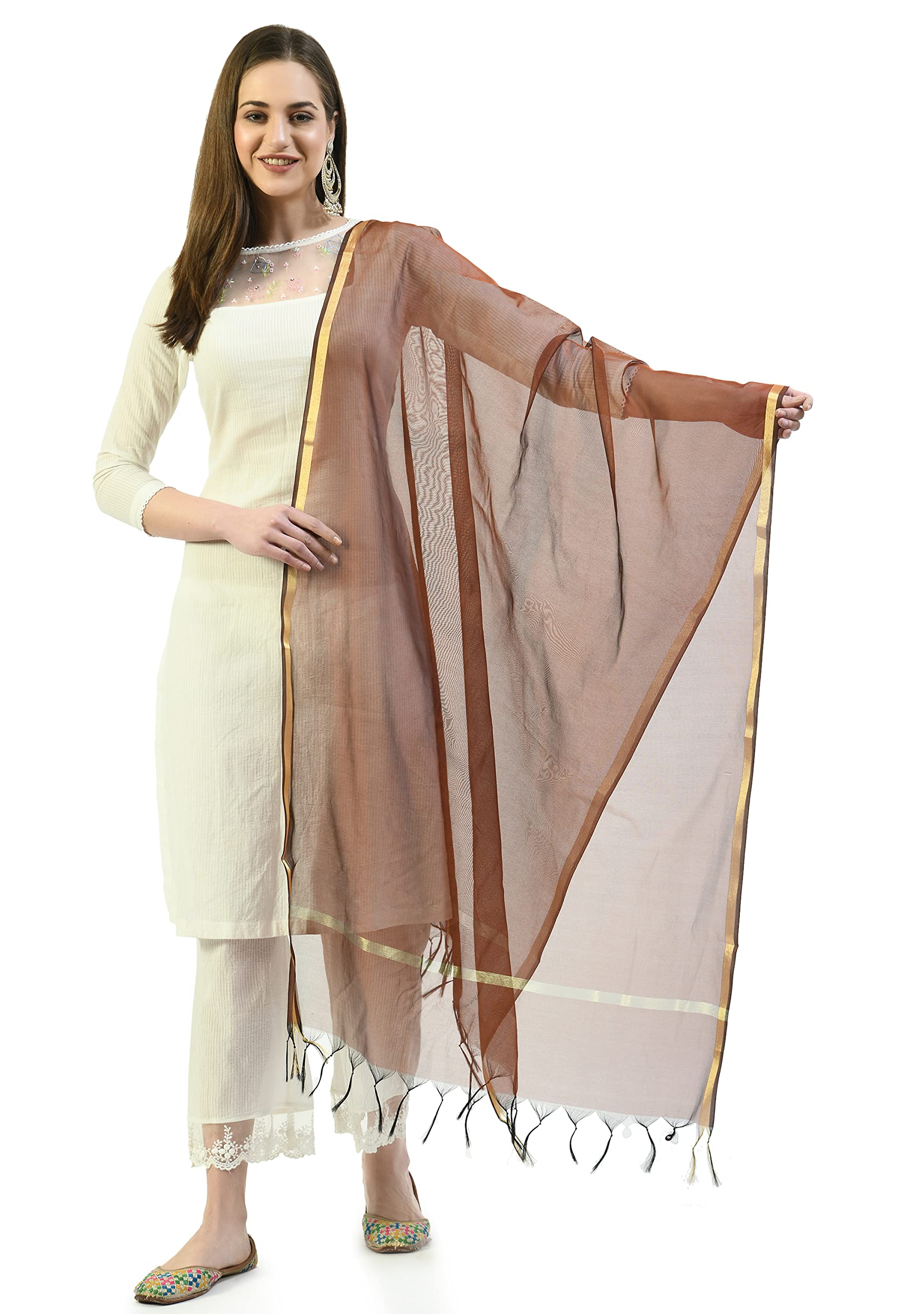 a r silk Women's Golden Border Brown Colour Chanderi Cotton Regular Dupattas/Chunnis-picture-26