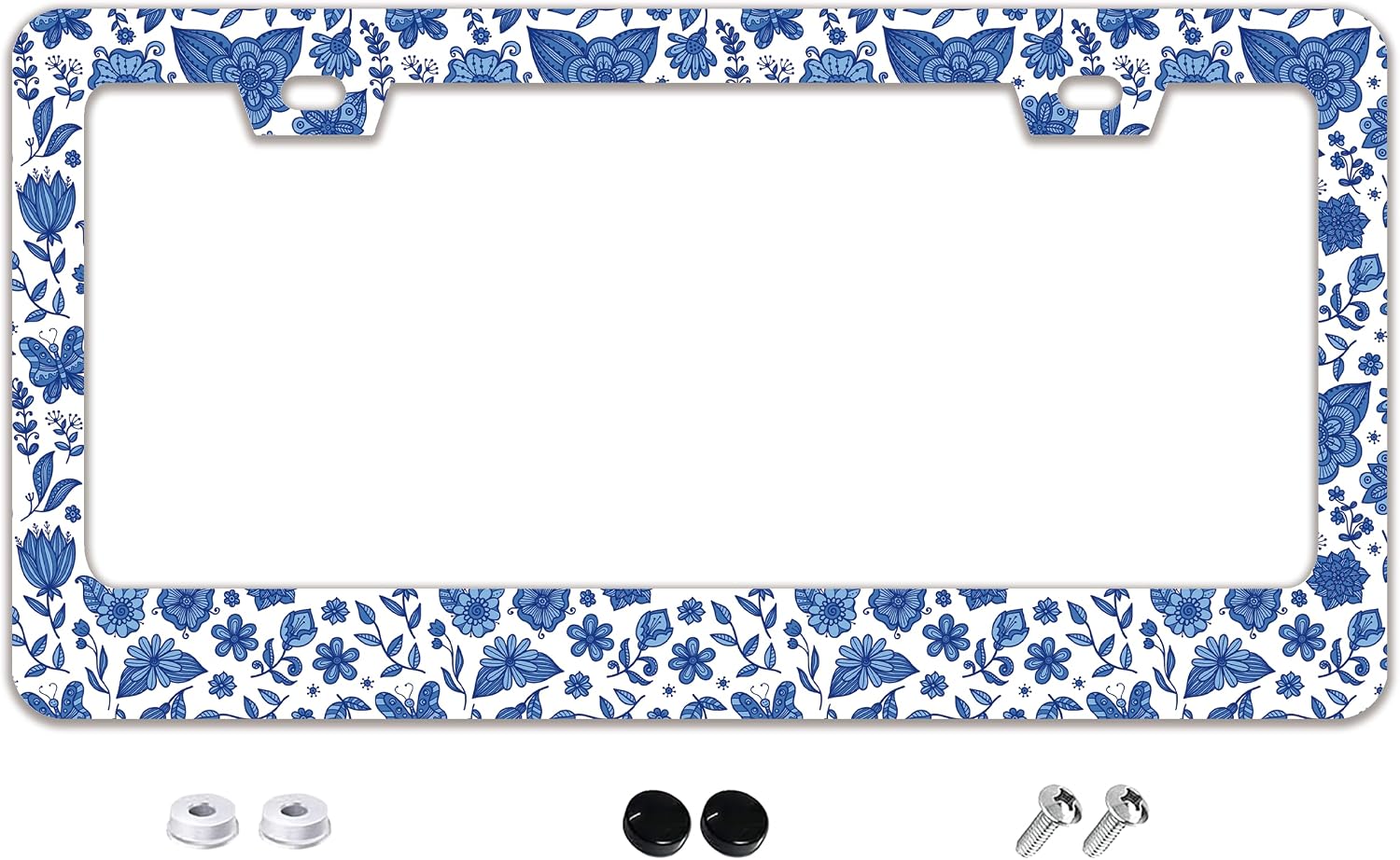 Cute Blue Flowers License Plate Frame Floral Stainless Steel Metal Auto Car Accessories Decoration with Screws License Plate Frame 2 Holes 6.3" x 12.2" for Women Men Gift