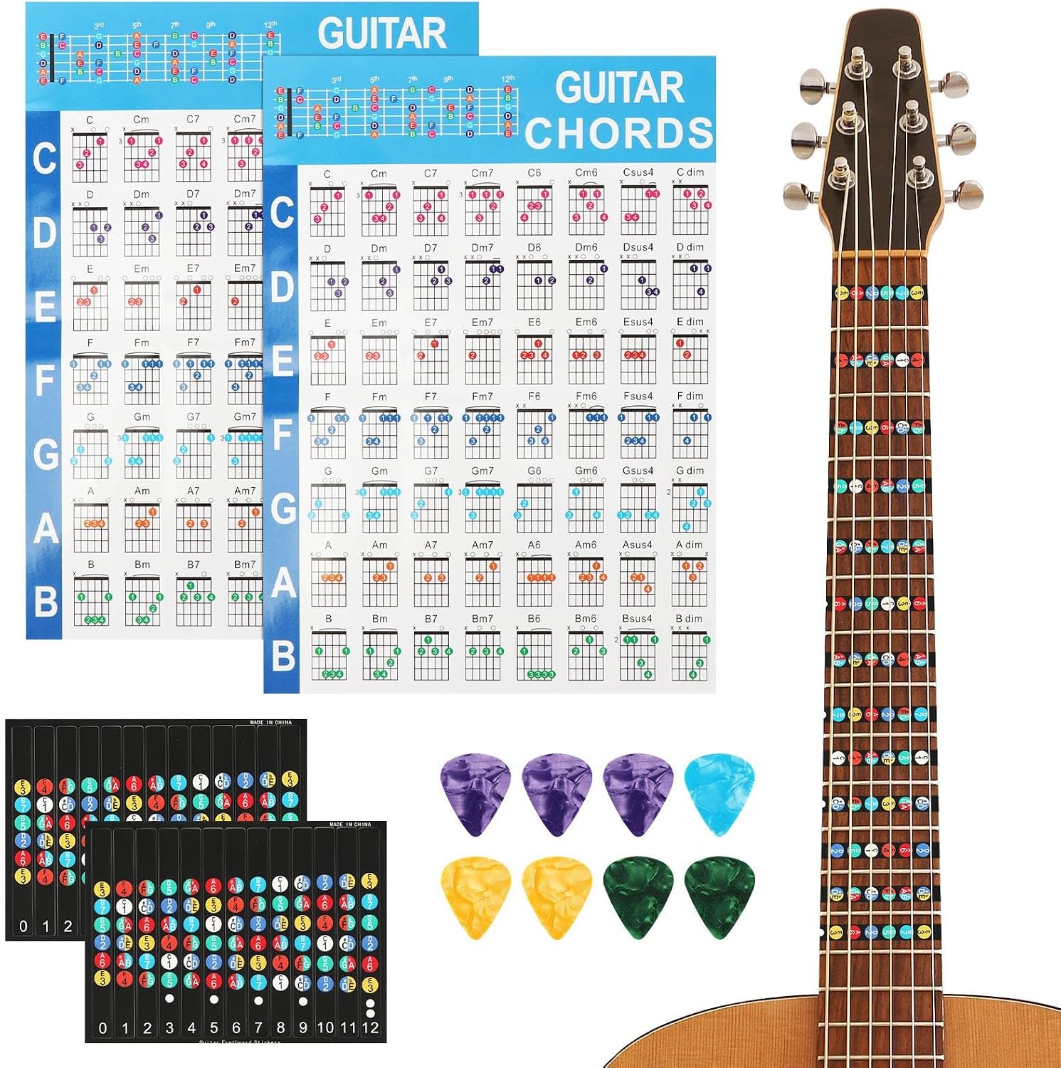2 Pack Guitar Fretboard Stickers, Color Coded Note Decals Fingerboard Frets Map for Beginner Learner, Guitar Learning Tools with 8 Celluloid Heart Picks & 2 Guitars Chord Chart