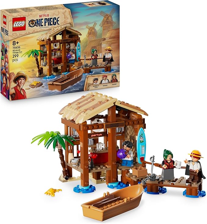 LEGO One Piece Cabaña del Pueblo Molino - Barco de Juguete - Minifiguras de Joven Luffy, Shanks y Makino - Accesorios Inc. Póster de Se Busca - Decoración Anime - Regalo para Niños de 8+ Años 75636