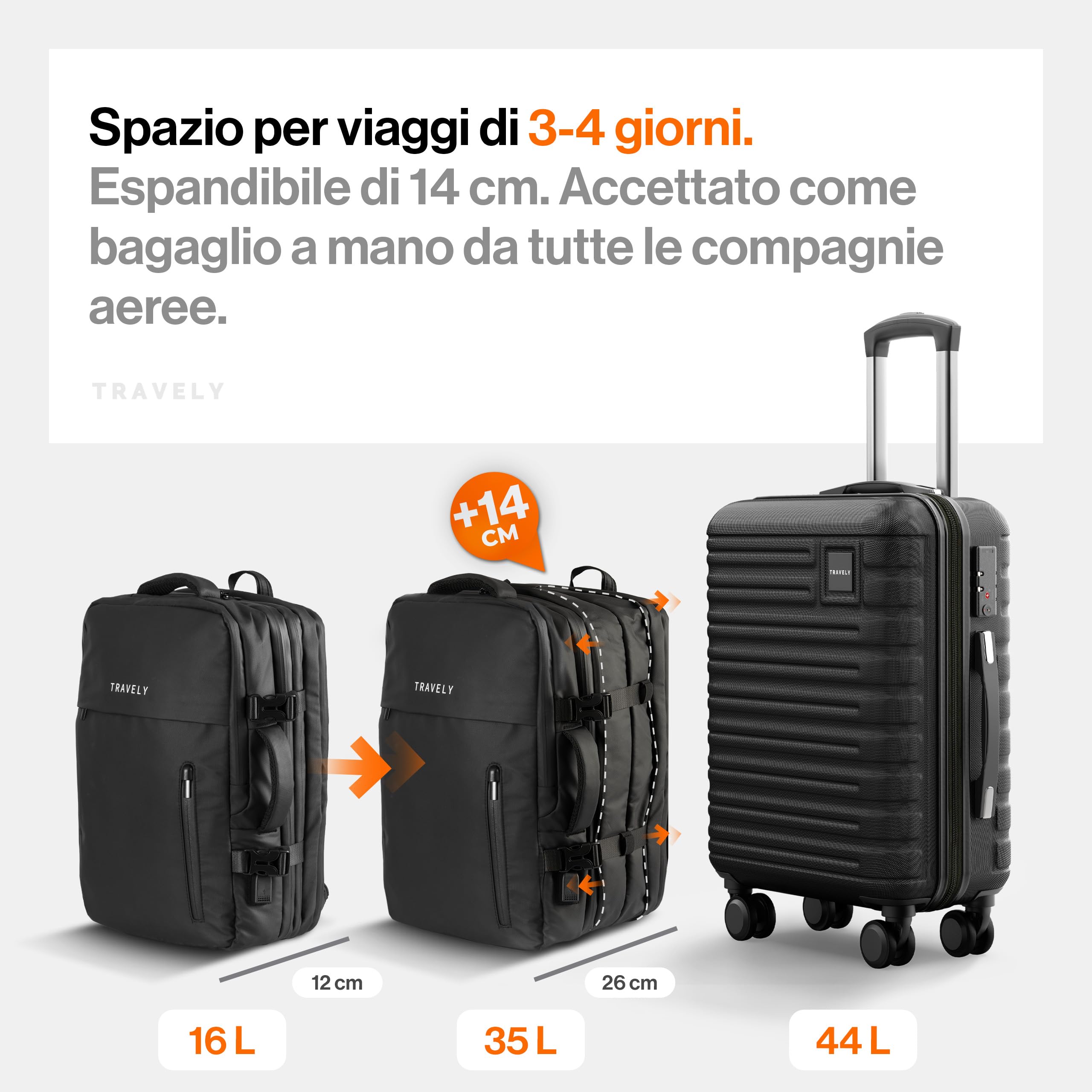 Travely Zaino Viaggio 20-40L Espandibile e Impermeabile 45x30x12-26cm - Valigia, Travel Backpack, Antifurto, Capiente, Grande, Nero