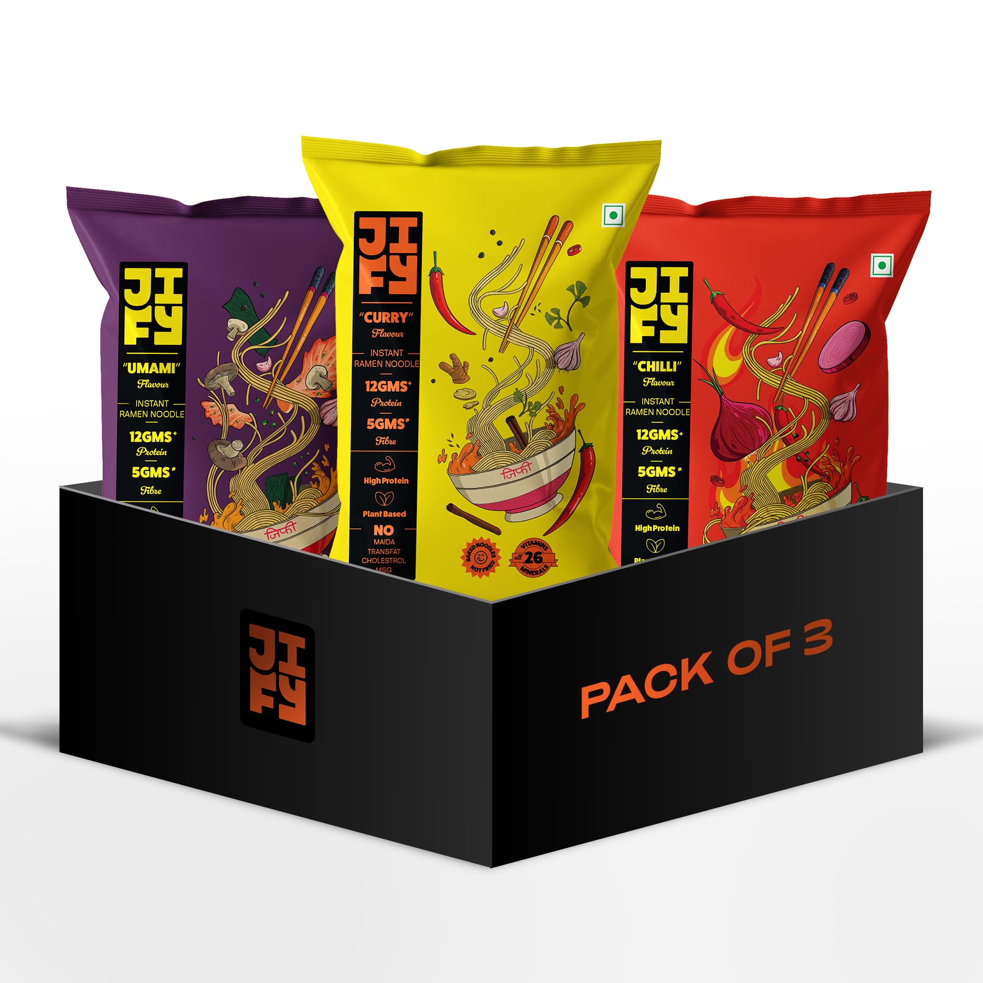 JIFY Ramen Variety Pack | Pack of 3 | Curry, Chilli, Umami Flavour | Veg Korean Ramen Noodles | Korean Inspired | 100% Atta | No Maida, High Protein, Plant Based, No MSG | Low Sodium (B0DDNGHPD1) Amazon Price History, Amazon Price Tracker