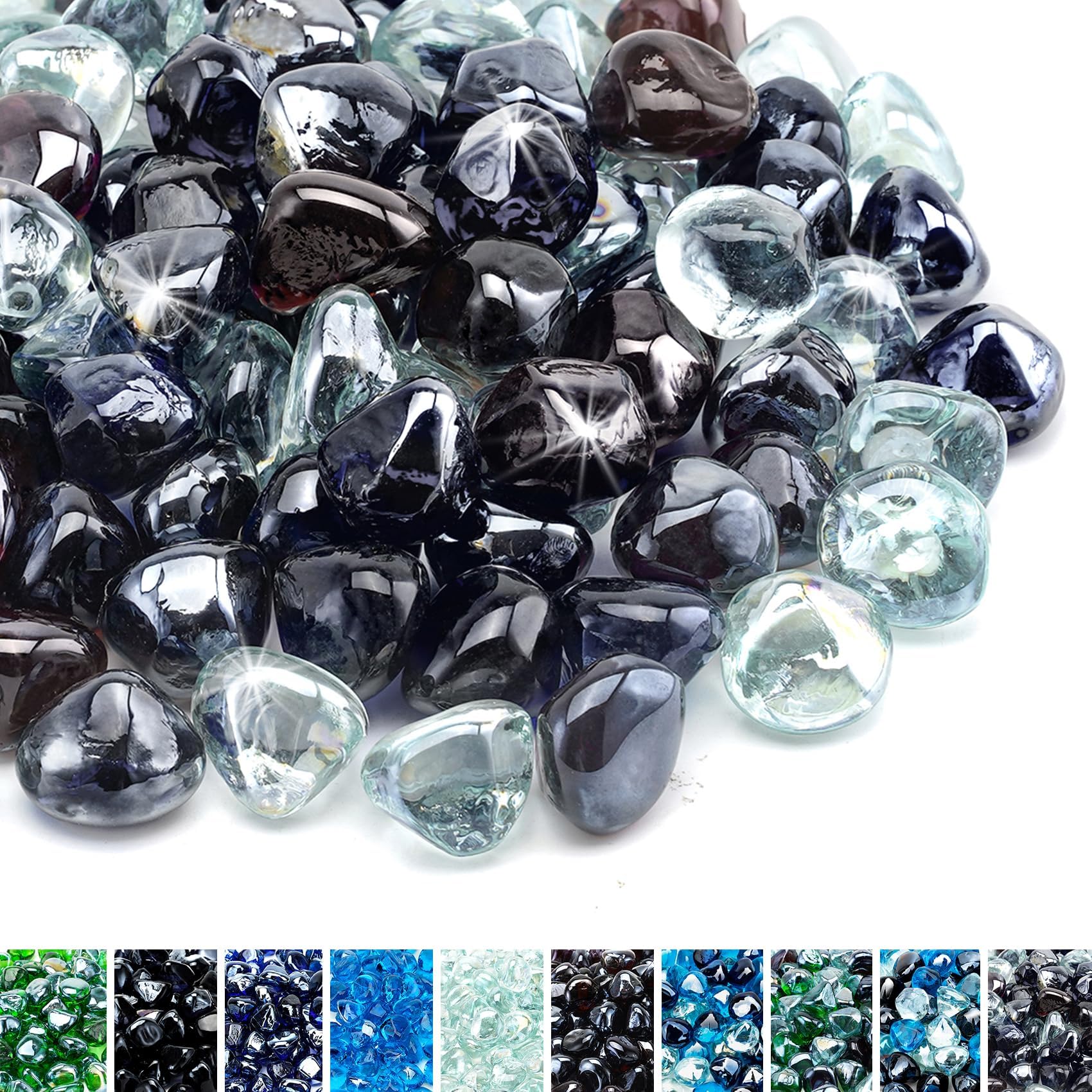 10-Pound Blended Fire Glass Diamonds for Fire Pit Fireplace Landscaping, 1/2 Inch Onyx Black, Crystal Ice, Amber Luster