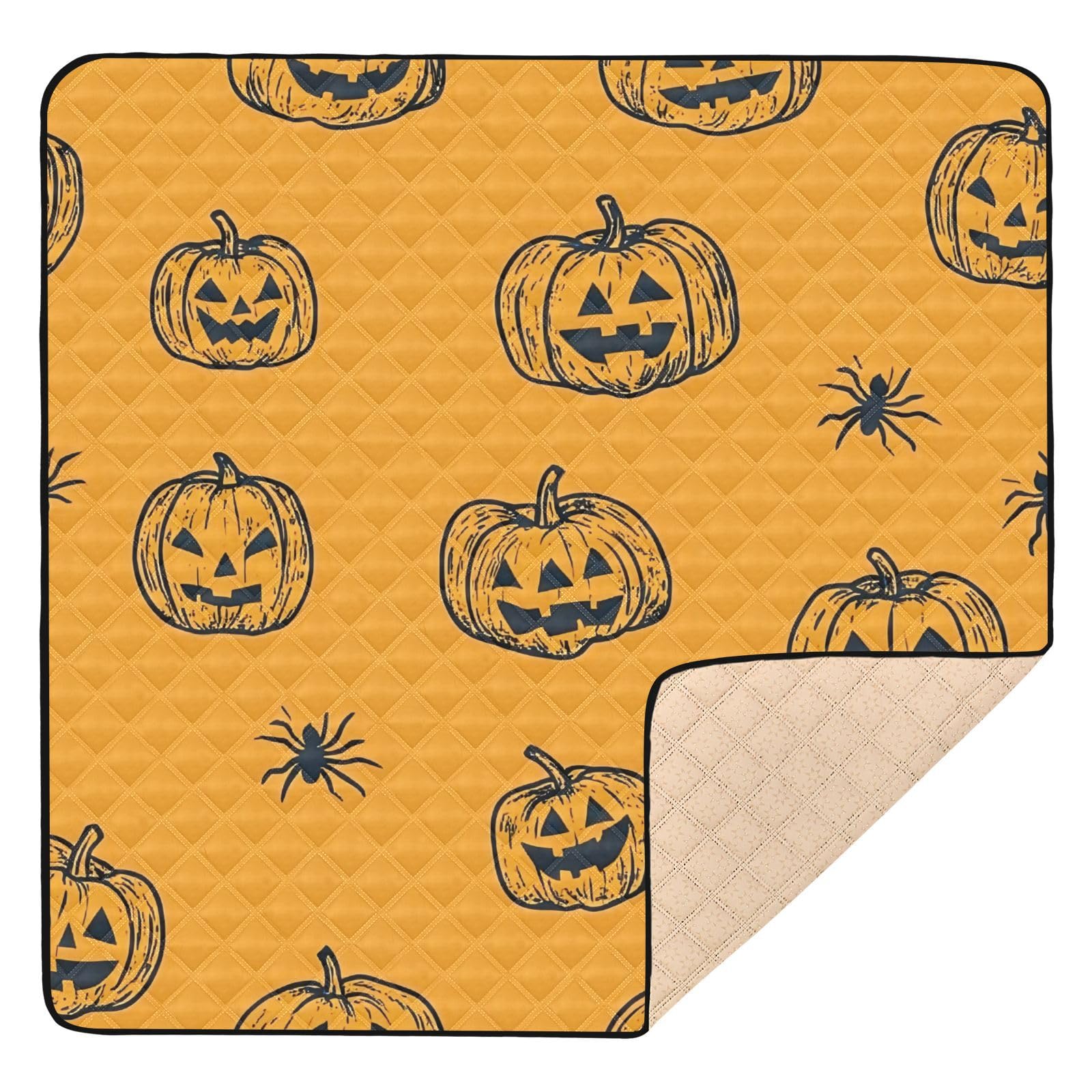 BOESI Doodle Halloween Pumpkin Baby Play Mat, 50“ X 50” Washable Folding Crawling Mat, Baby Floor Mat, Soft, Non-Slip