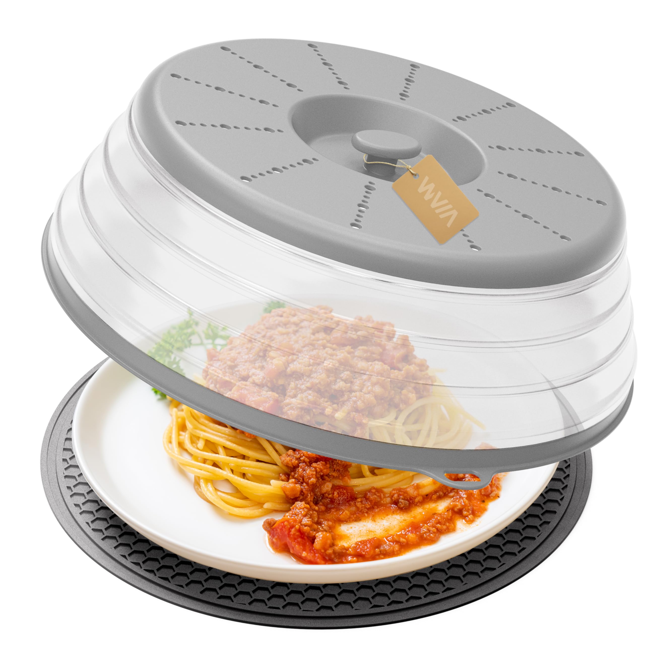 WVM Microwave Splatter Cover Vented for Food with Hook Hole, Splatter Guard &amp; Colander Kitchen Gadget for Food, Meal Prep, Cover &amp; Mat(Grey), M(11"x3.26")-Pack of 1