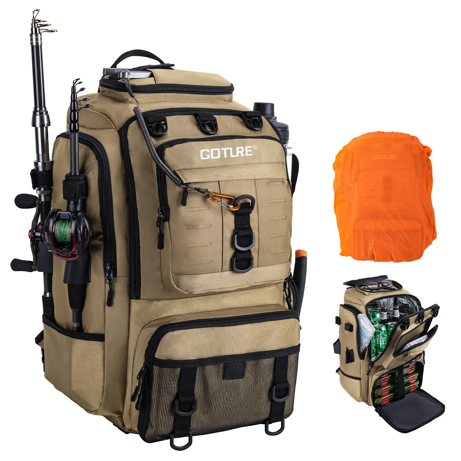 Goture Fishing Backpack 40L Tackle Rucksack Insulated Fishing Bag with Cooler, 900D Oxford Fabric with Rod Holder, Organised Storage Compartments, Rain Cover, Comfortable Straps Bag Only Khaki