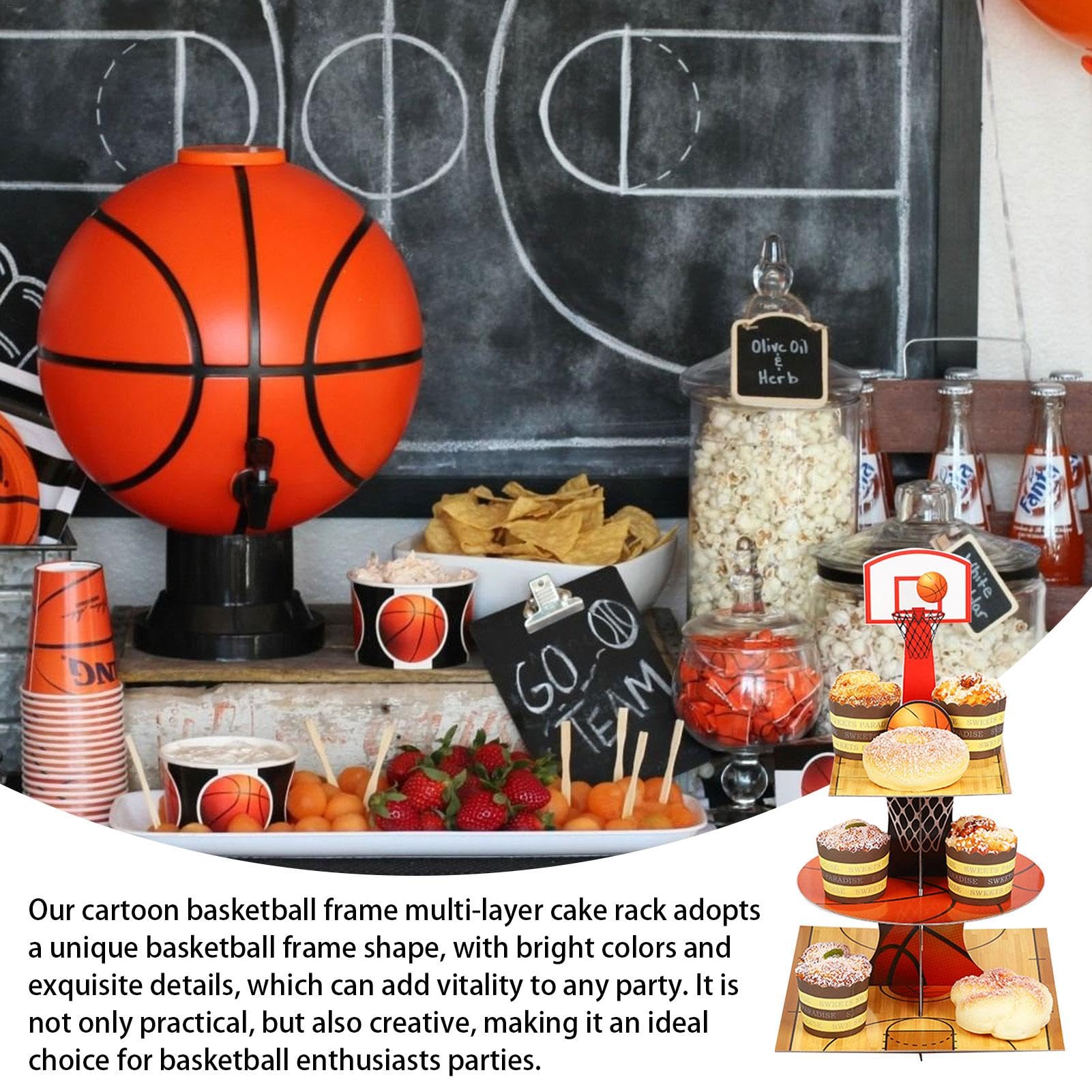 Alzata per cupcake a 3 livelli, a tema pallacanestro, espositore per dessert e dessert, antiscivolo, decorazione a tema basket per bambini