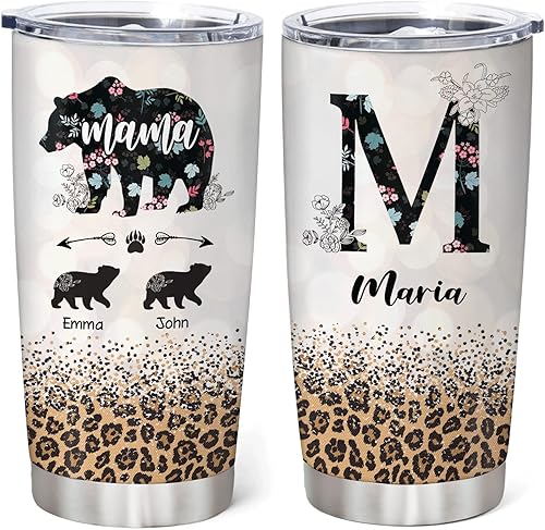 Hyturtle Vaso de mamá oso personalizado con información nutricional para mamá, vasos de acero inoxidable de 20 onzas, taza de viaje aislada con