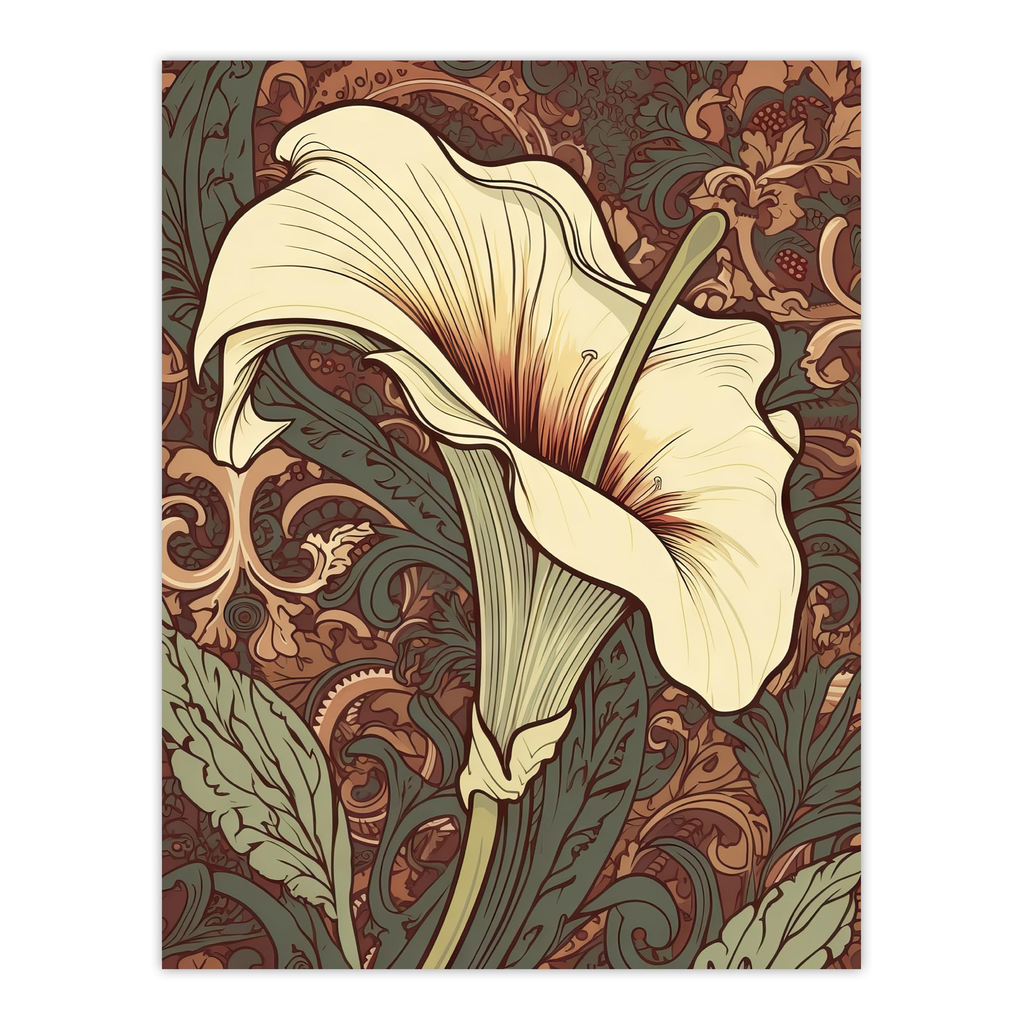 Artery8 Single White Cala Lily Flower Art Nouveau Painting Pastel Colour Teal Green Red William Morris Style Patterns Colourful Bright Floral Modern Artwork Extra Large XL Wall Art Poster Print