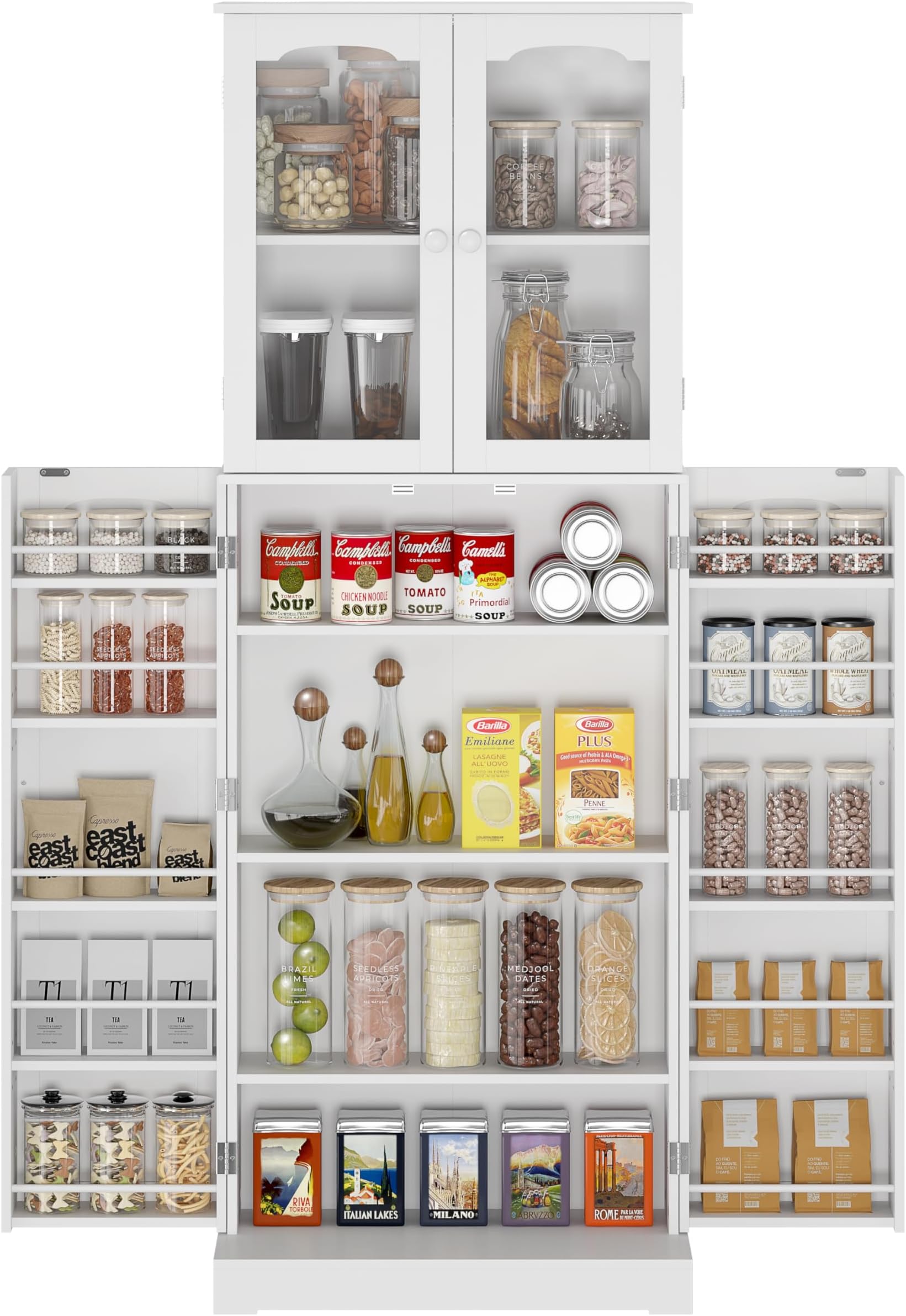 Function Home 64” Kitchen Pantry Cabinet, Freestanding Tall Cupboard with Glass Doors & Shelves, Floor Storage Cabinet for Kitchen, Living Room and Dinning Room in White