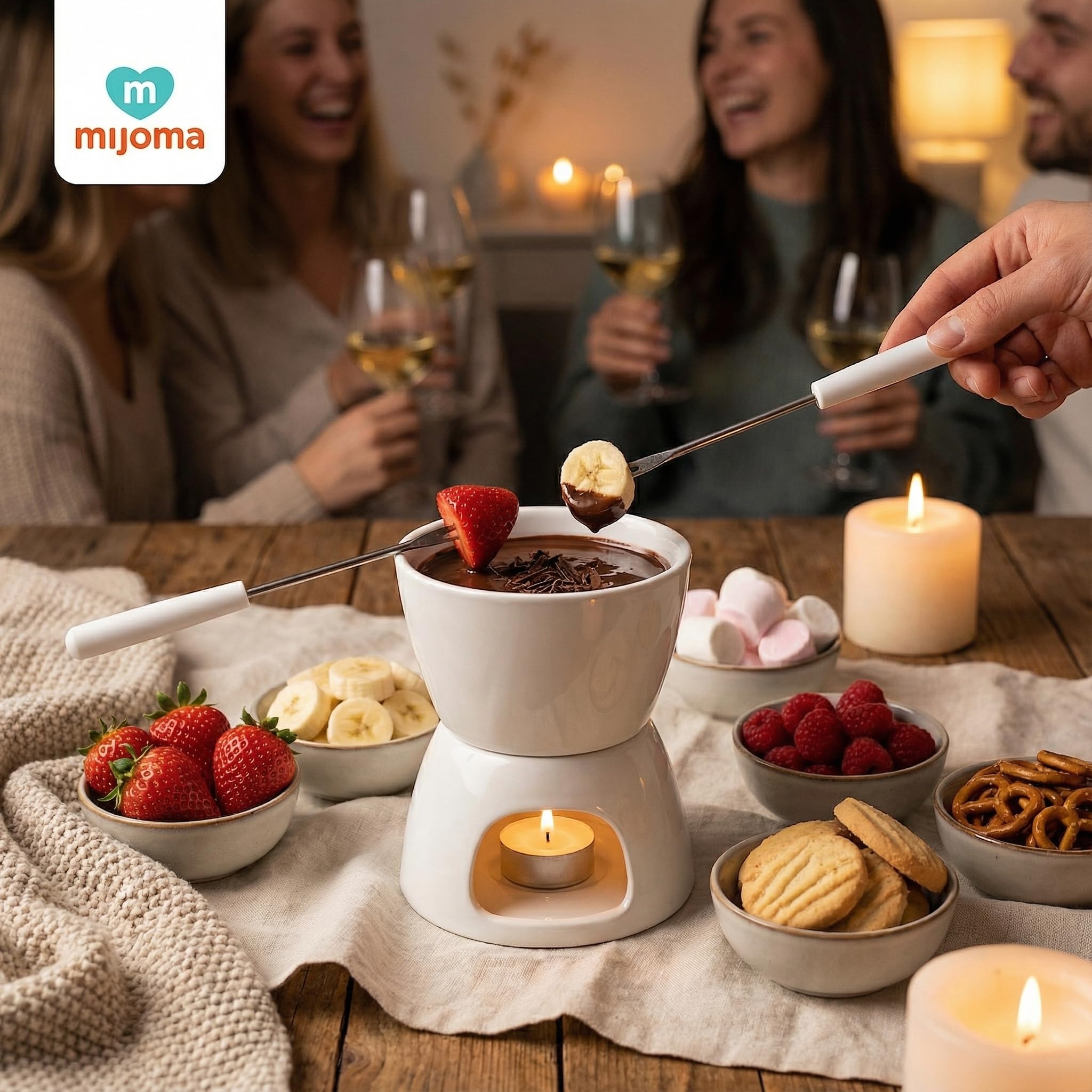 MIJOMA Mini set per fonduta di cioccolato – Scopri il puro piacere del cioccolato – Design alla moda ed elegante in bianco, con 2 forchette per fonduta, ideale per biscotti e frutta, ceramica, 10 x 9