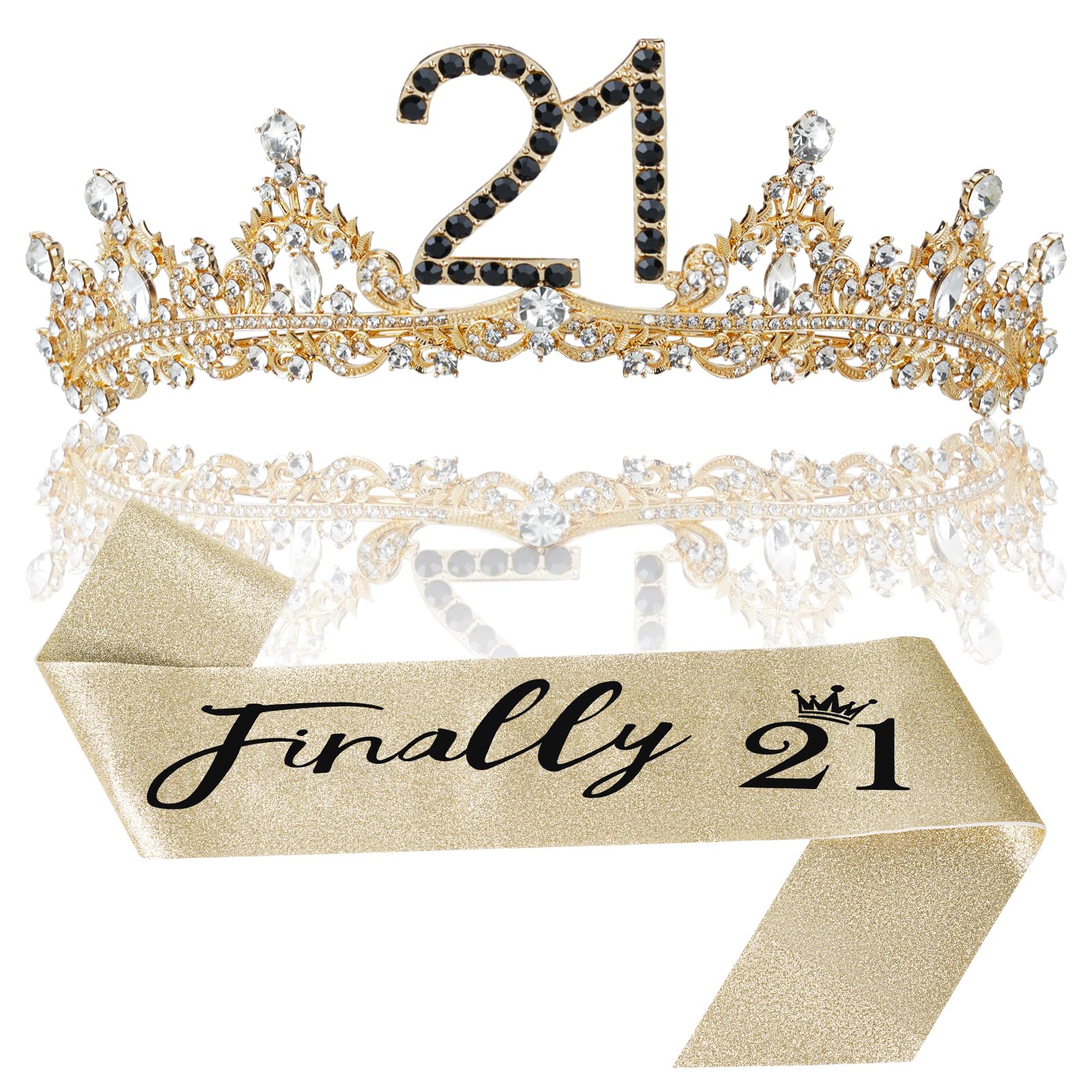 Photo 1 of 21st Birthday Crown and Sash for Women, 21 Tiara, Black Gold 21st Birthday Decorations for Her 21 Year Old Gifts Party Favors for Girls