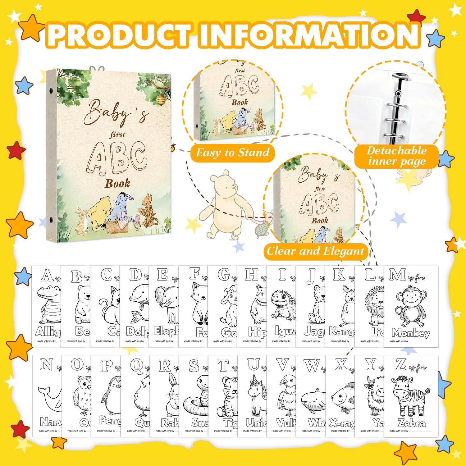 Classic Winnie Baby Shower Decorations,the Pooh Baby Shower Guest Book Alternative,Babies First ABC Book Babies Showers Activity,ABC Coloring Keepsake Books for Party,Pooh Bear Party Supplies