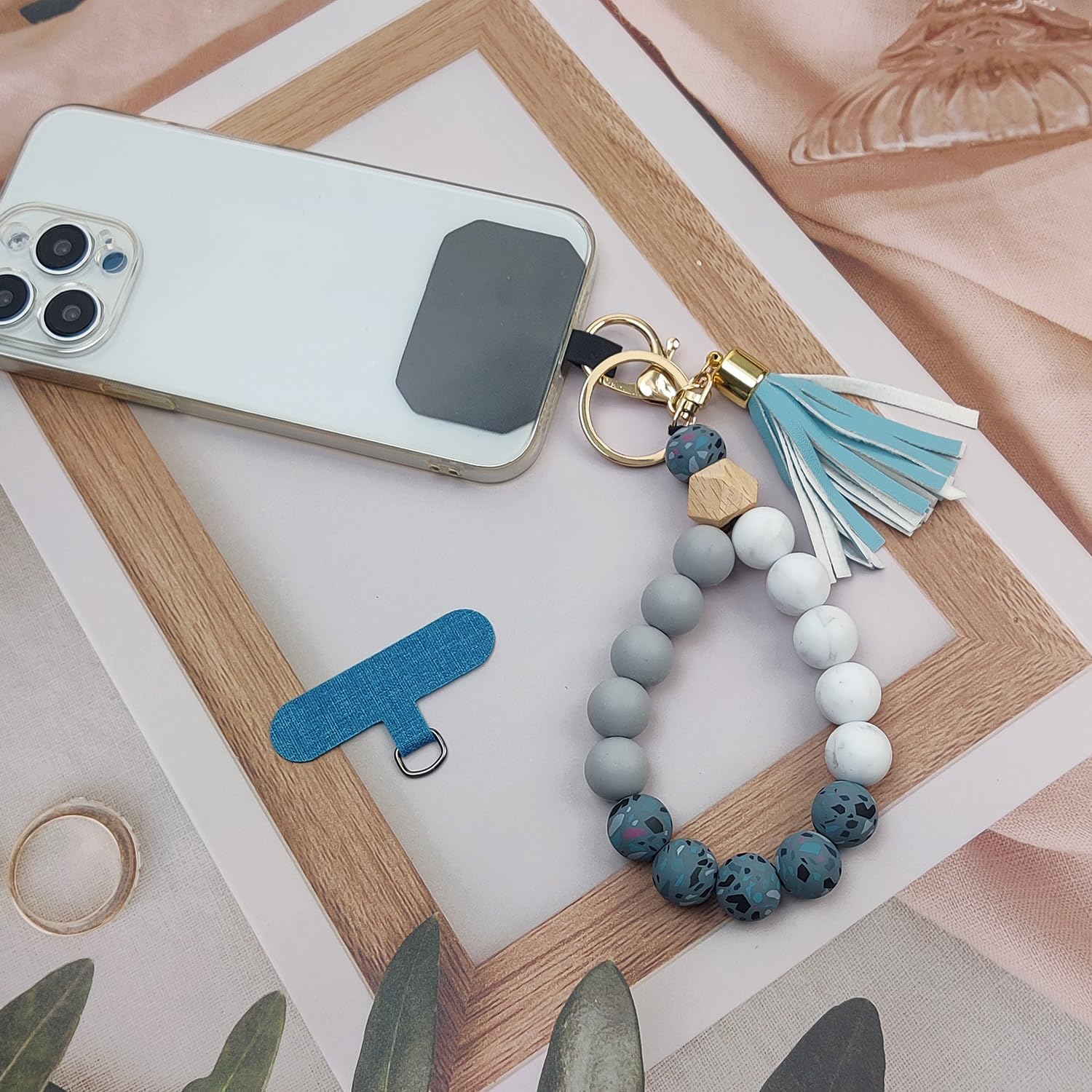 Phone Lanyard Silicone Beaded Phone Wrist Strap Cute Elastic Cell Phone Wristlet Chain Bracelet with 2 Tether Tab - Image 2