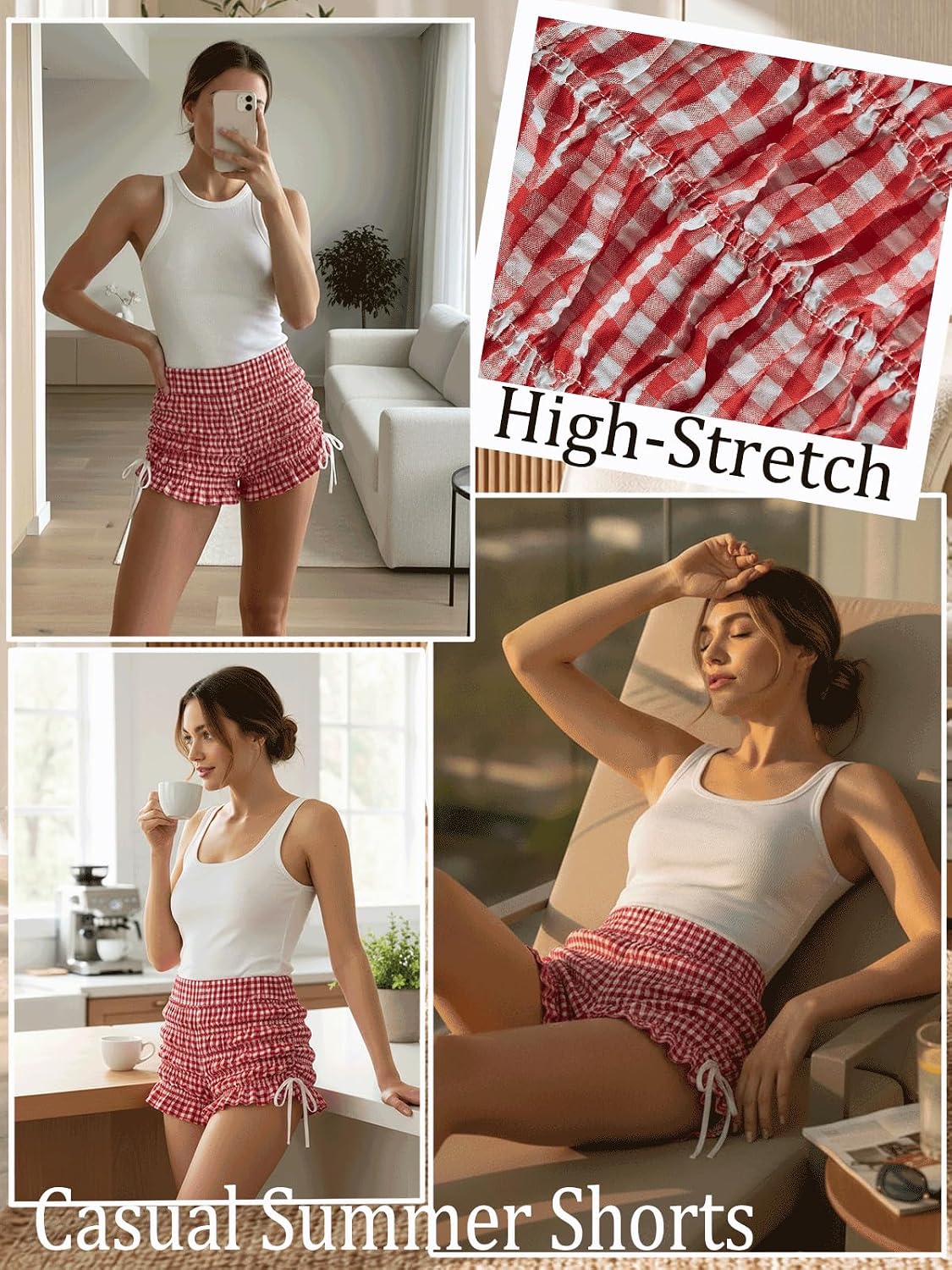 Women’s Gingham Ruched Shorts Plaid High Waist Y2K Drawstring Ruffle Shorts