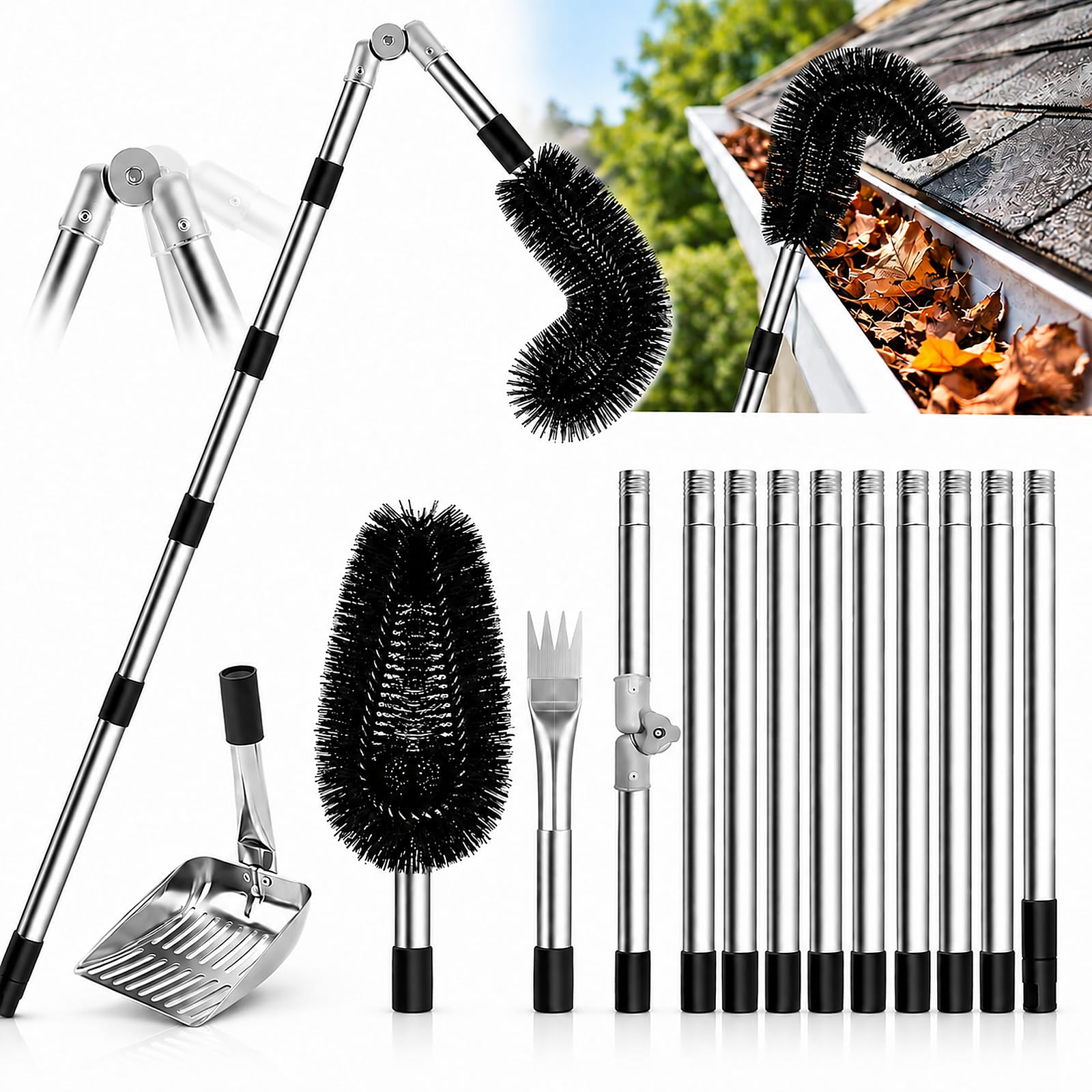 GartWerk Gutter Cleaner 3.8M Telescopic Roof Gutter Cleaning Tools Kit with 180° Adjustable Angle Pole Gutter Brush, Gutter Scoop for Removing Leaves, Debris Spider Webs from Gardens Ditches